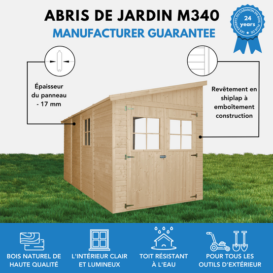 Timbela - Abri de Jardin en Bois Naturel H243x216x416 cm / 8 m² sans paroi latérale avec les planchers imprégné - 17 mm d’épaisseur - Timbela M340+M340G - Image 9