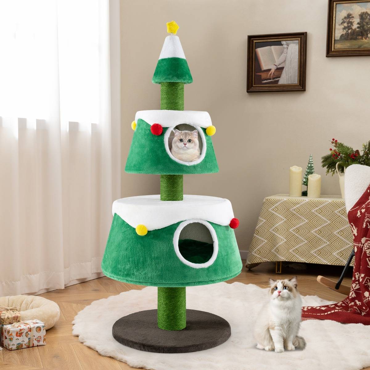 Arbre à Chat de Noël Jolie Tour à Chat avec 2 Condos Poteaux à Gratter en Sisal Lits Amovibles - Image 2