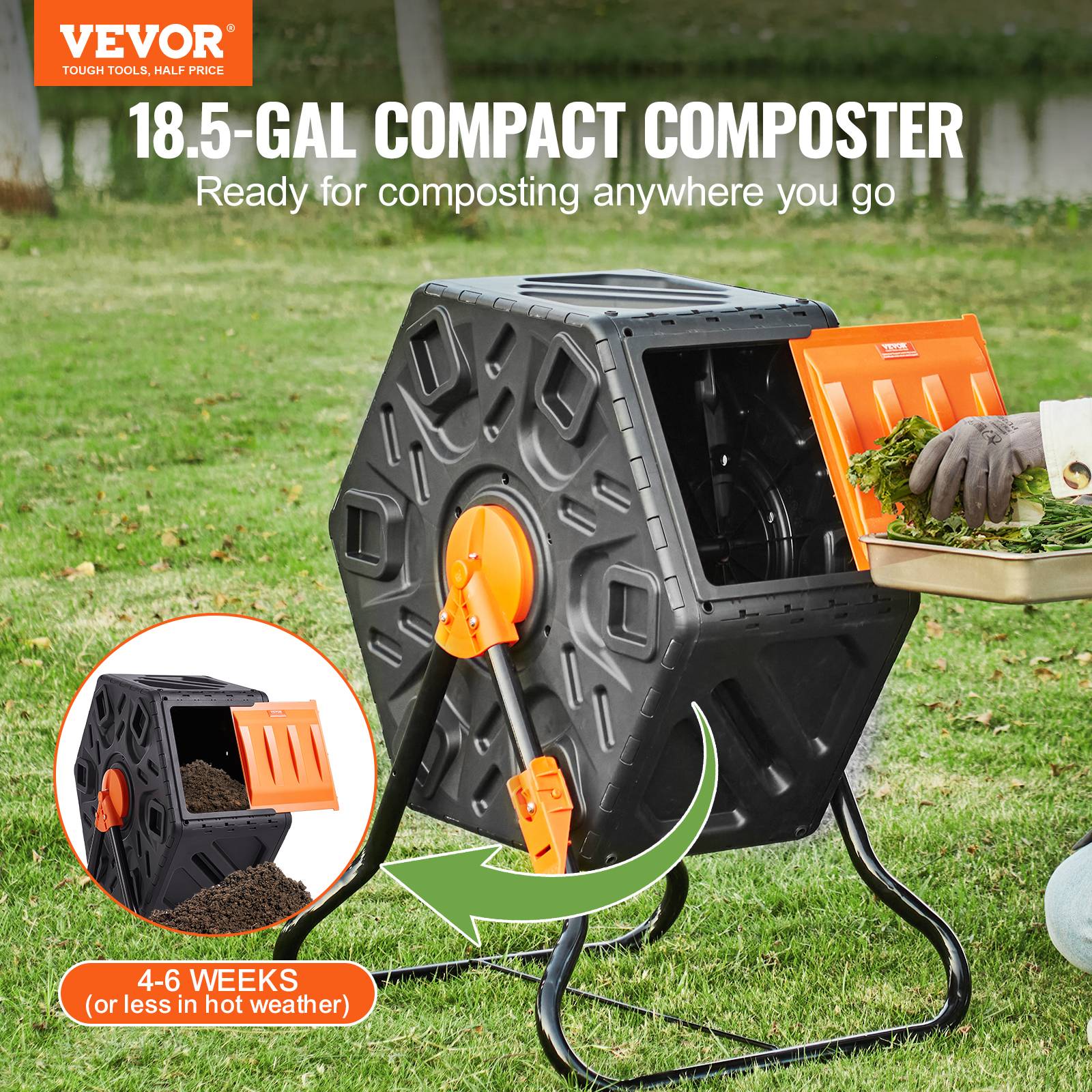 VEVOR Composteur jardin rotatif 70 L, PP et acier, charge 20 kg. Chambre unique, déchets organiques. - Image 2
