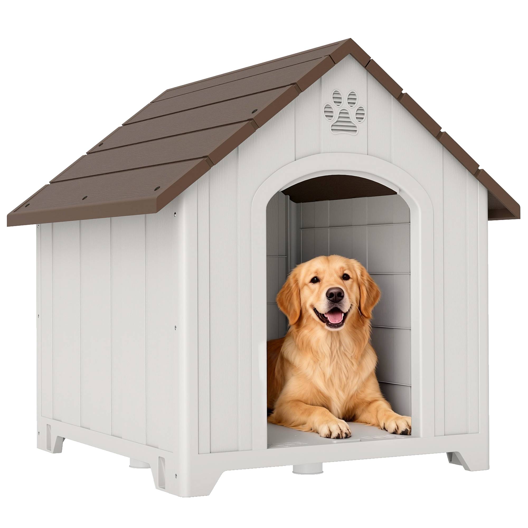 Niche extérieure en plastique, grand chien, 2 fenêtres, base surélevée, piquets, marron foncé
