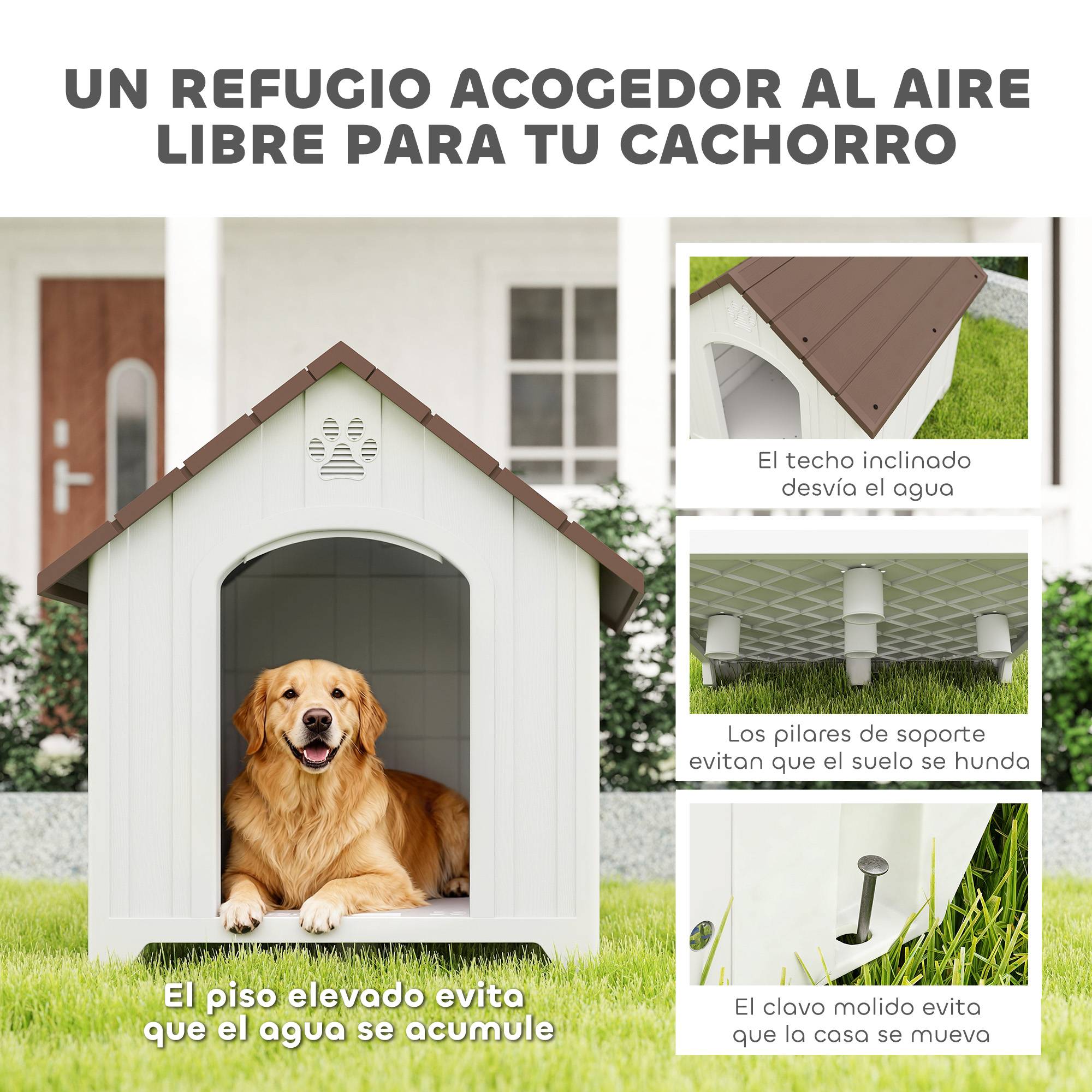 Niche extérieure en plastique, grand chien, 2 fenêtres, base surélevée, piquets, marron foncé - Image 6