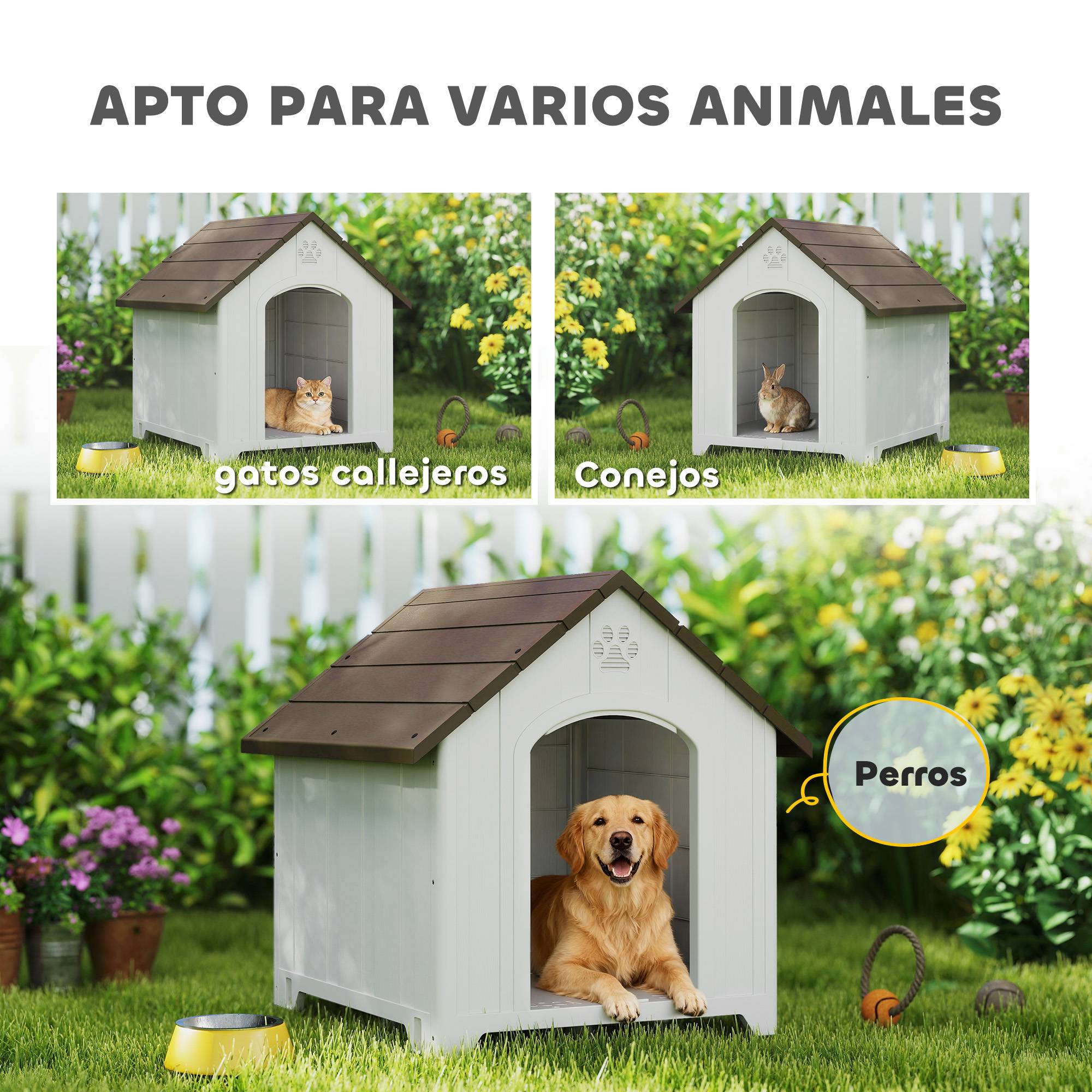 Niche extérieure en plastique, grand chien, 2 fenêtres, base surélevée, piquets, marron foncé - Image 10
