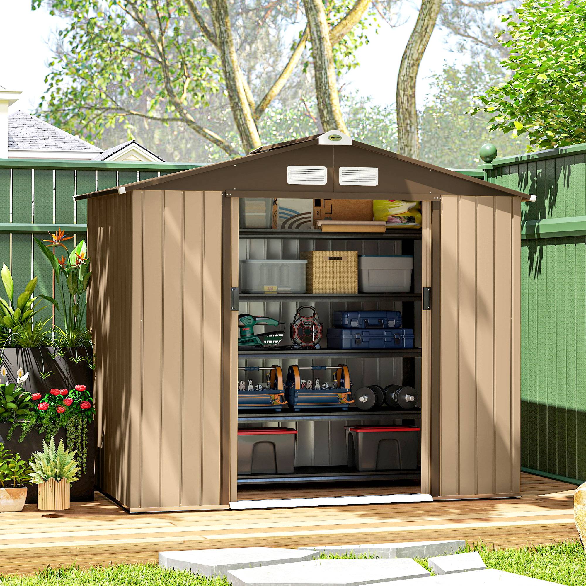 Abri de jardin extérieur 2,42 m² (213 x 130 x 185 cm) avec porte coulissante, ventilation, gants, jaune - Image 4