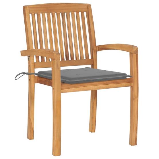 Chaises de jardin empilables Teck solide avec coussins gris 60 x 57.5 x 90 cm - PANGIVO - Image 3
