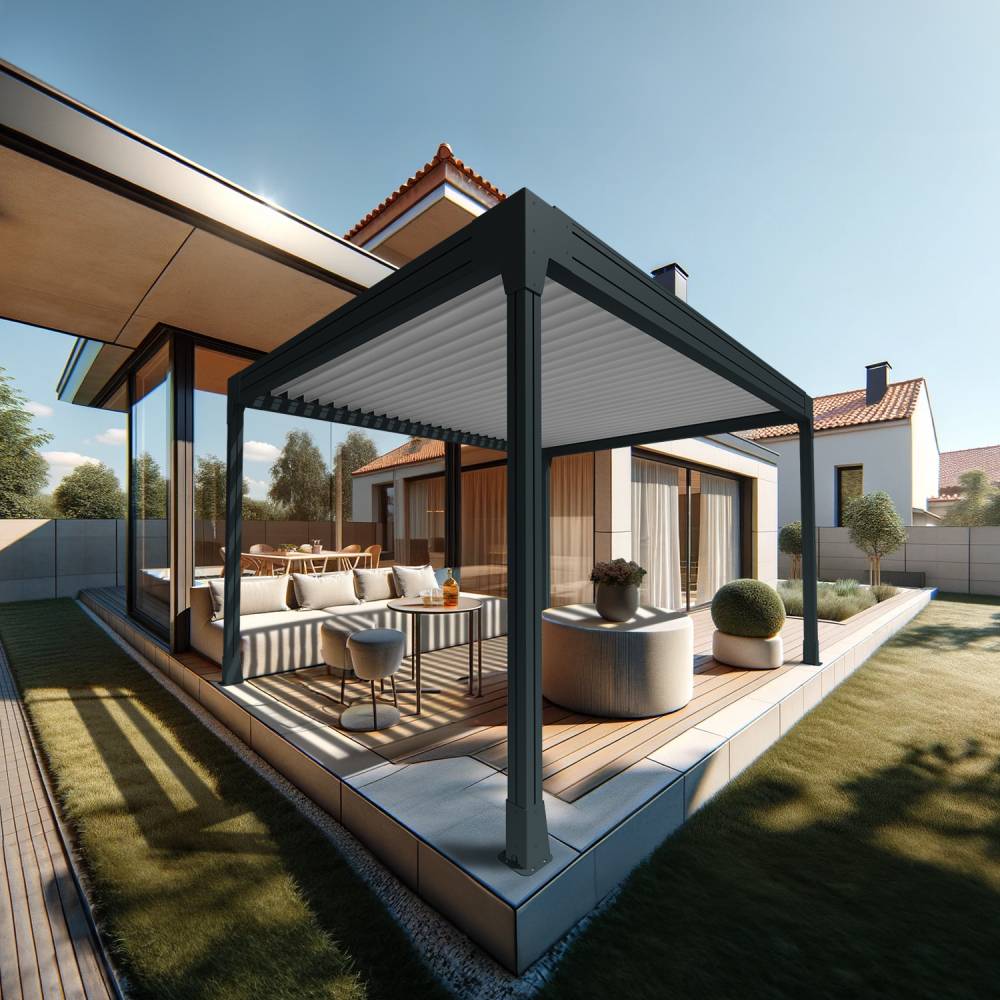 Pergola bioclimatique HELY îlot 4,50x3,929m Vérin à télécommande (Gris anthracite / Blanc) - Alia Productions - Imagen 2