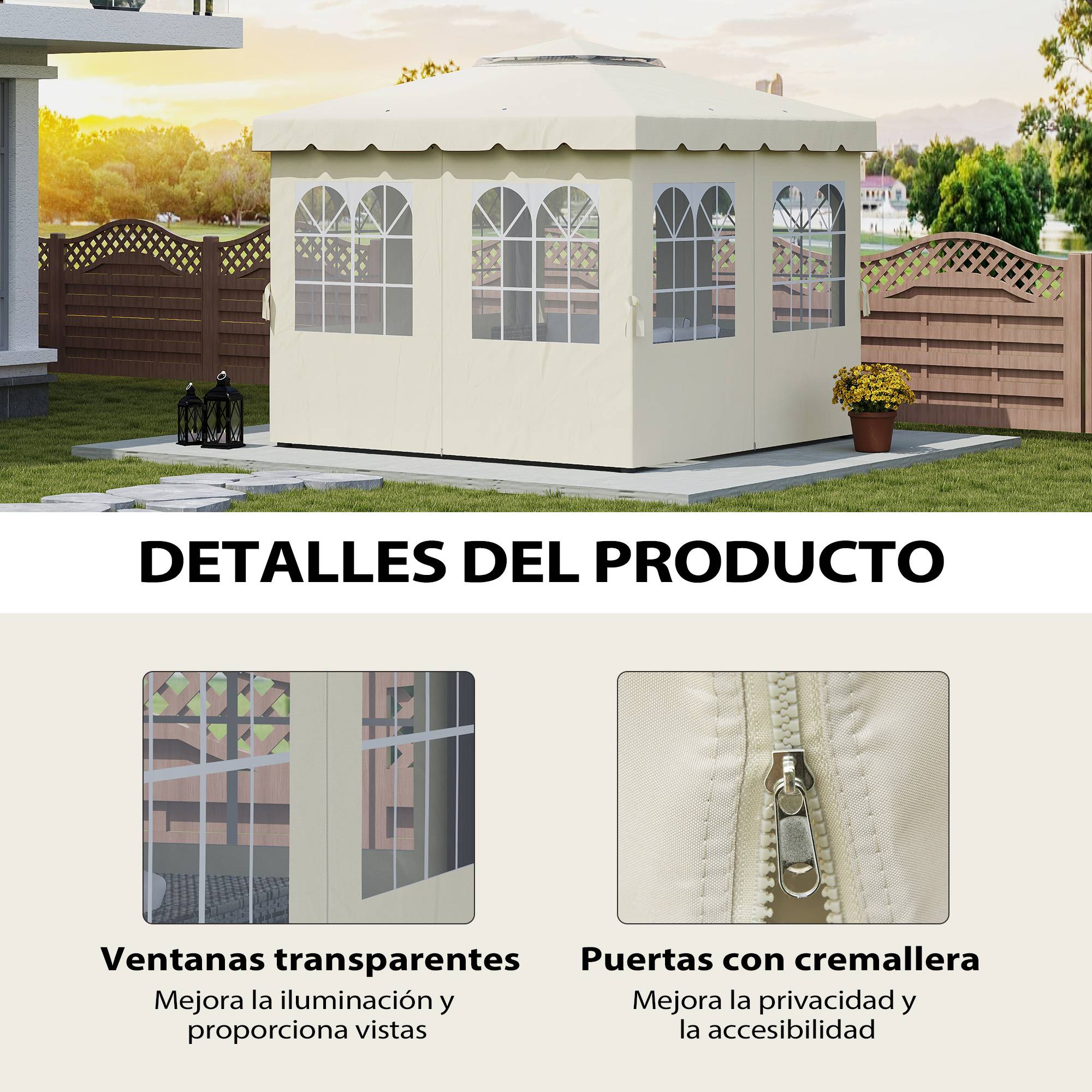 Parois latérales rechange pergola 3x3 m anti-UV fenêtres transparentes rideaux réglables, crème - Image 9
