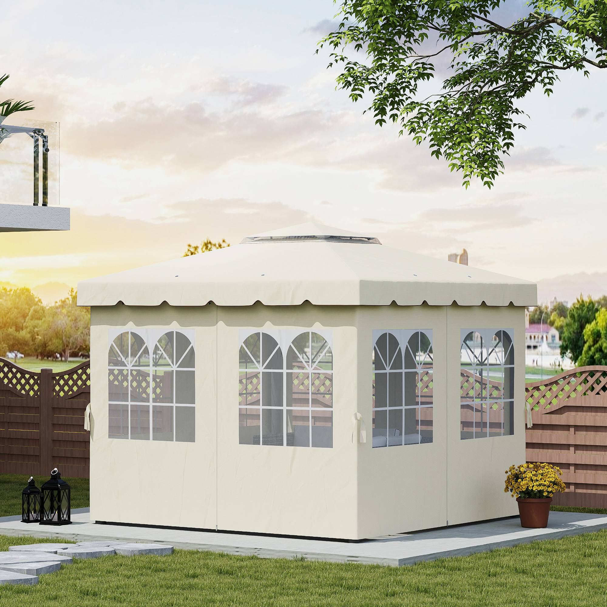 Parois latérales rechange pergola 3x3 m anti-UV fenêtres transparentes rideaux réglables, crème - Image 4
