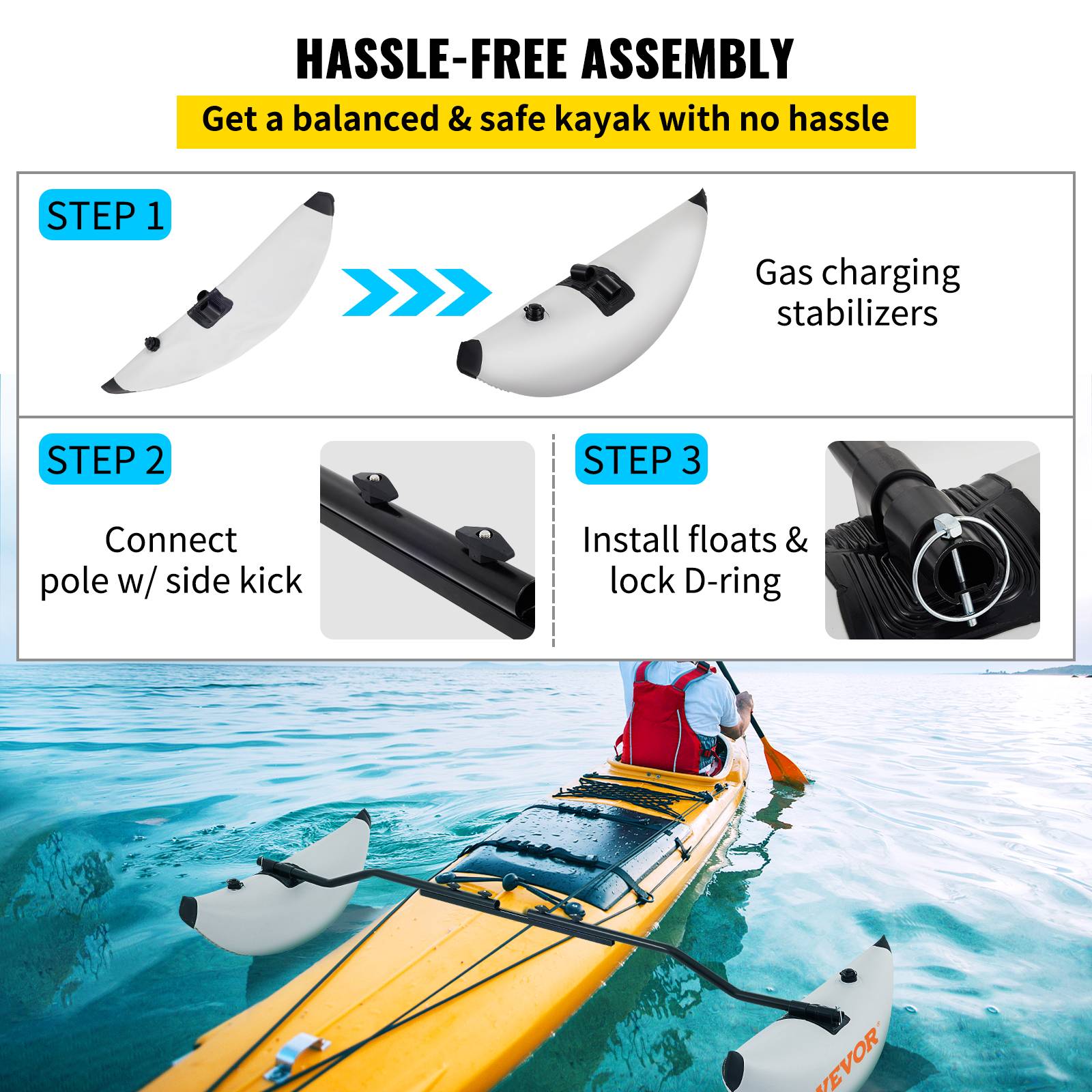 Vevor - VEVOR Kit stabilisateur flotteur 2,1-2,4 m, PVC. Gonflable/dégonflable, pour kayak, canoë. - Image 6