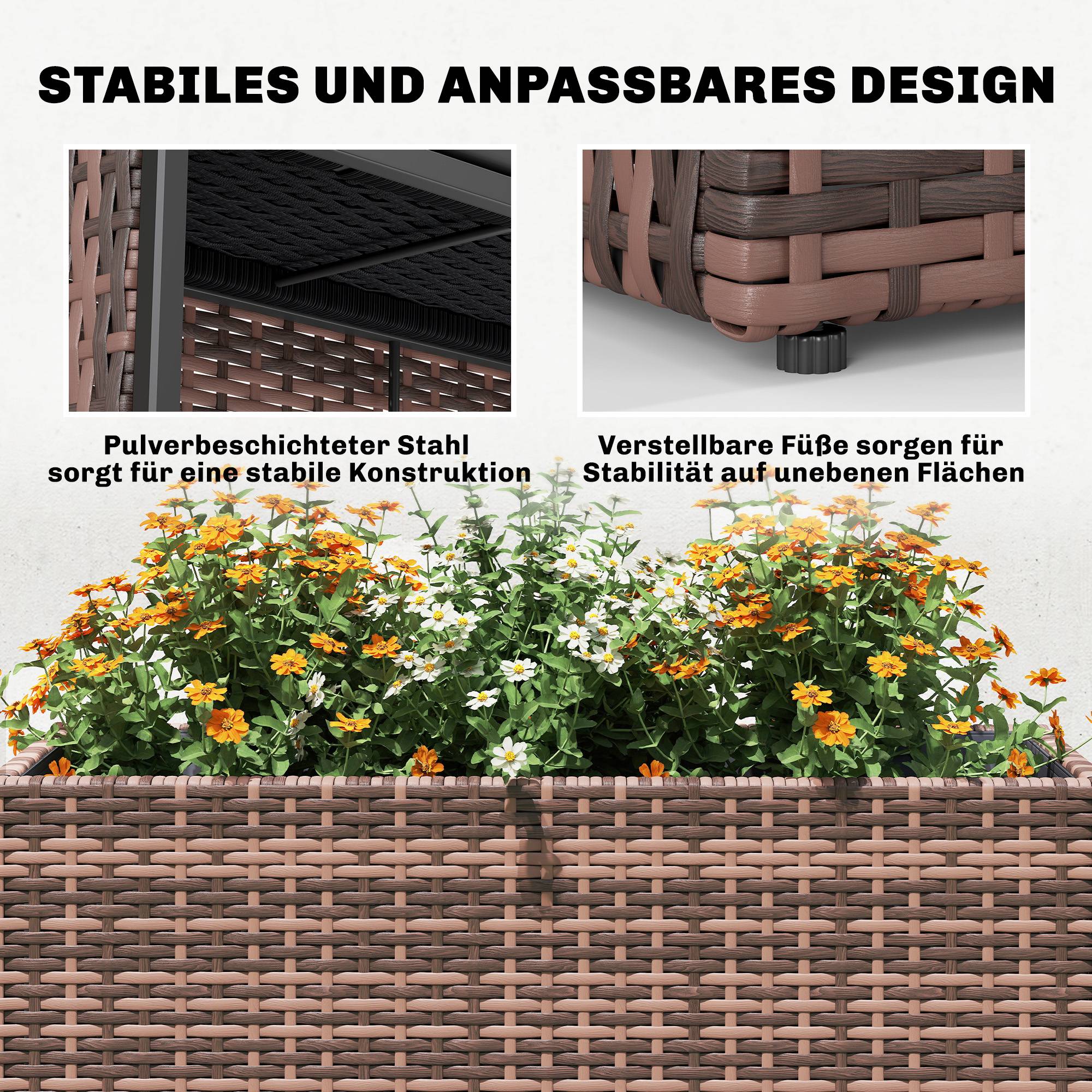 Jardinière surélevée, pieds réglables, rotin, insert amovible, terrasse/balcon, marron - Image 8
