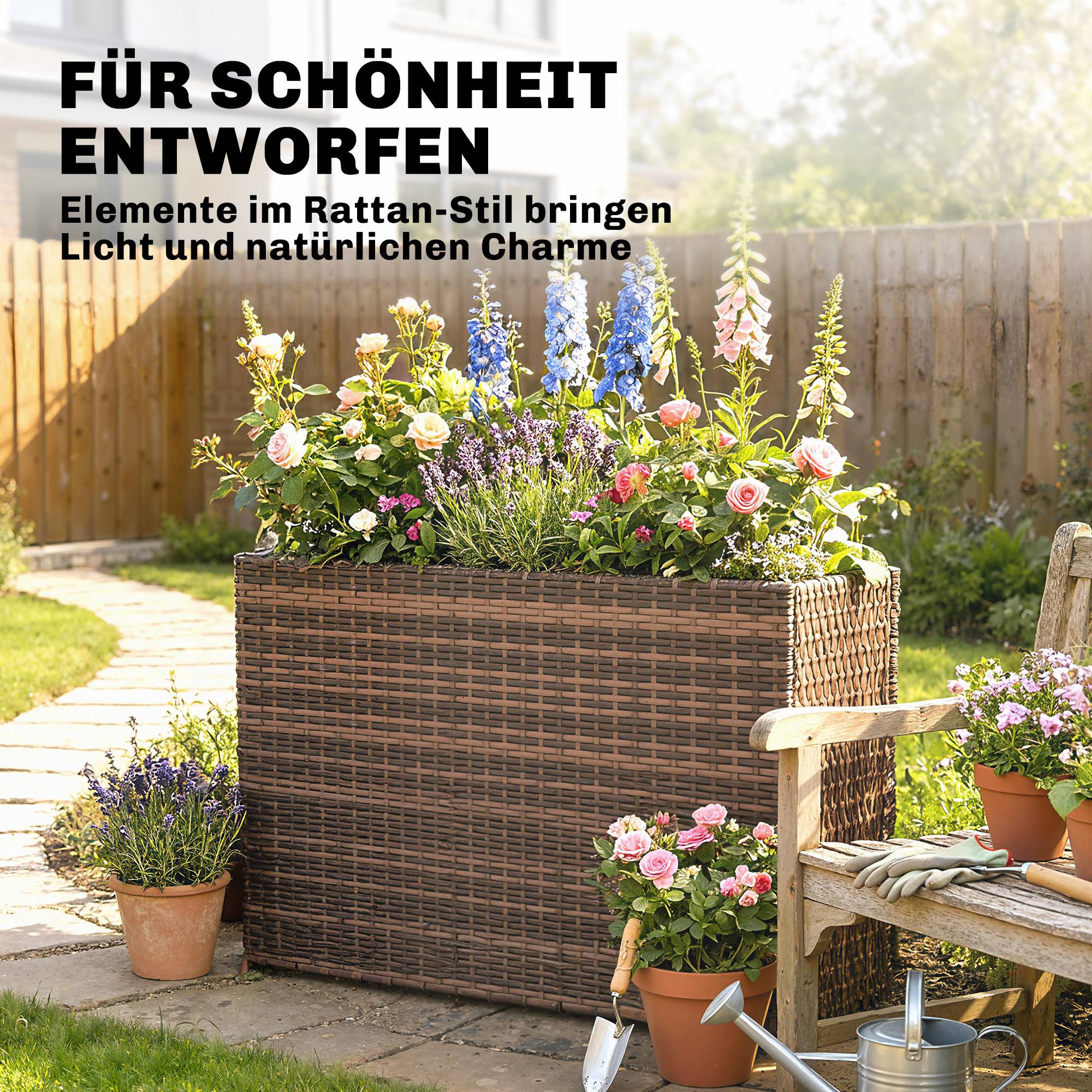 Jardinière surélevée, pieds réglables, rotin, insert amovible, terrasse/balcon, marron - Image 7