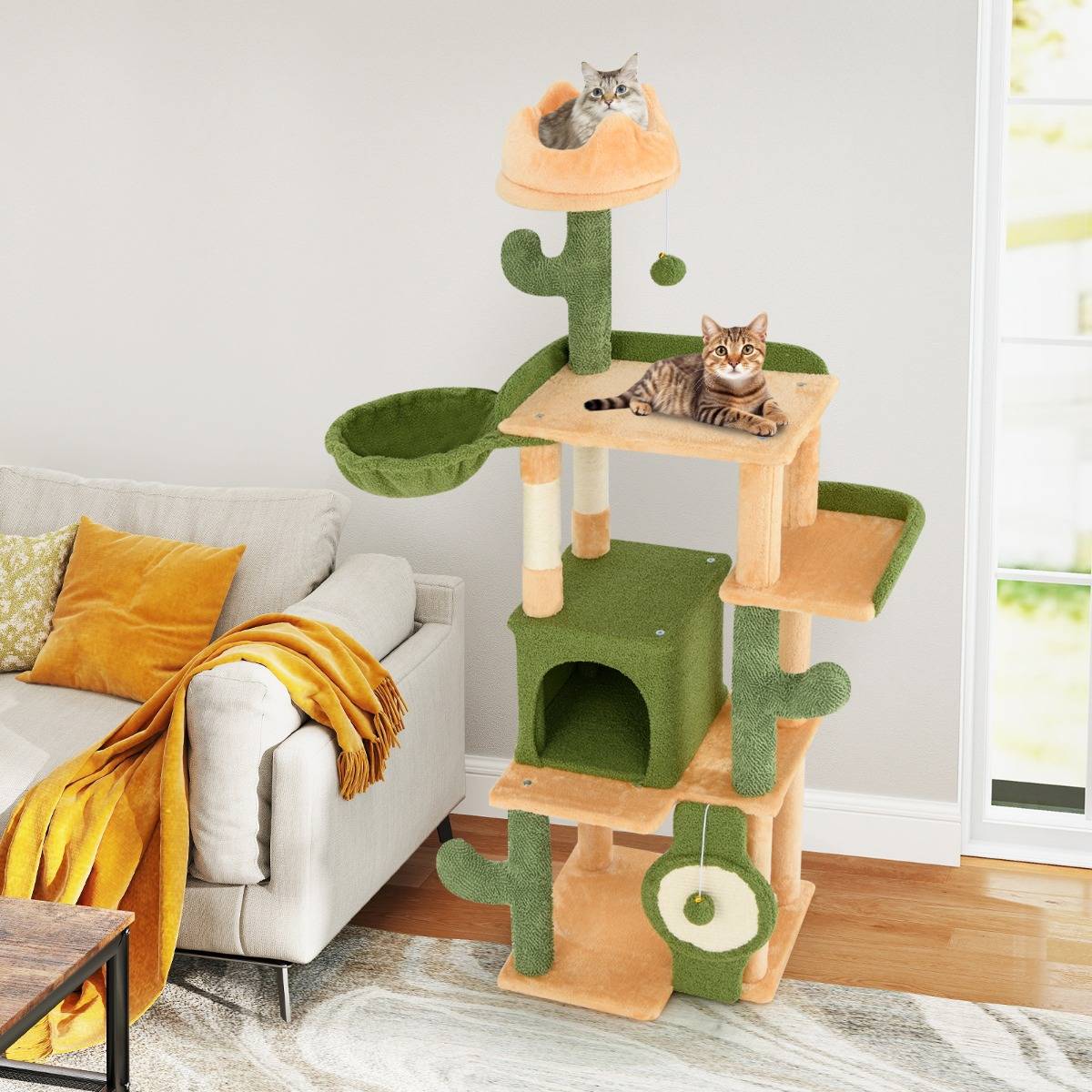 Arbre à Chat Cactus 160 CM d'Intérieur Tour pour Chat Multi-niveaux avec Poteaux à Griffer en Sisal et Planche Condo Perchoirs Rembourrés - Image 3