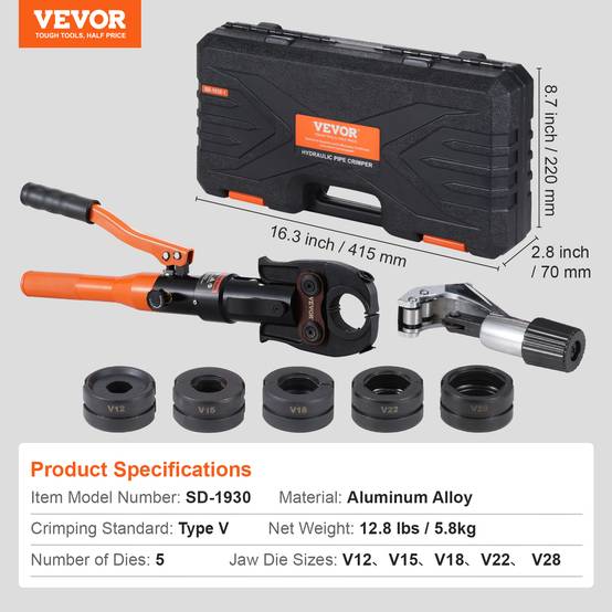 VEVOR Outil sertissage hydraulique raccords cuivre, pince mâchoires changement rapide V12-V28. - Image 7