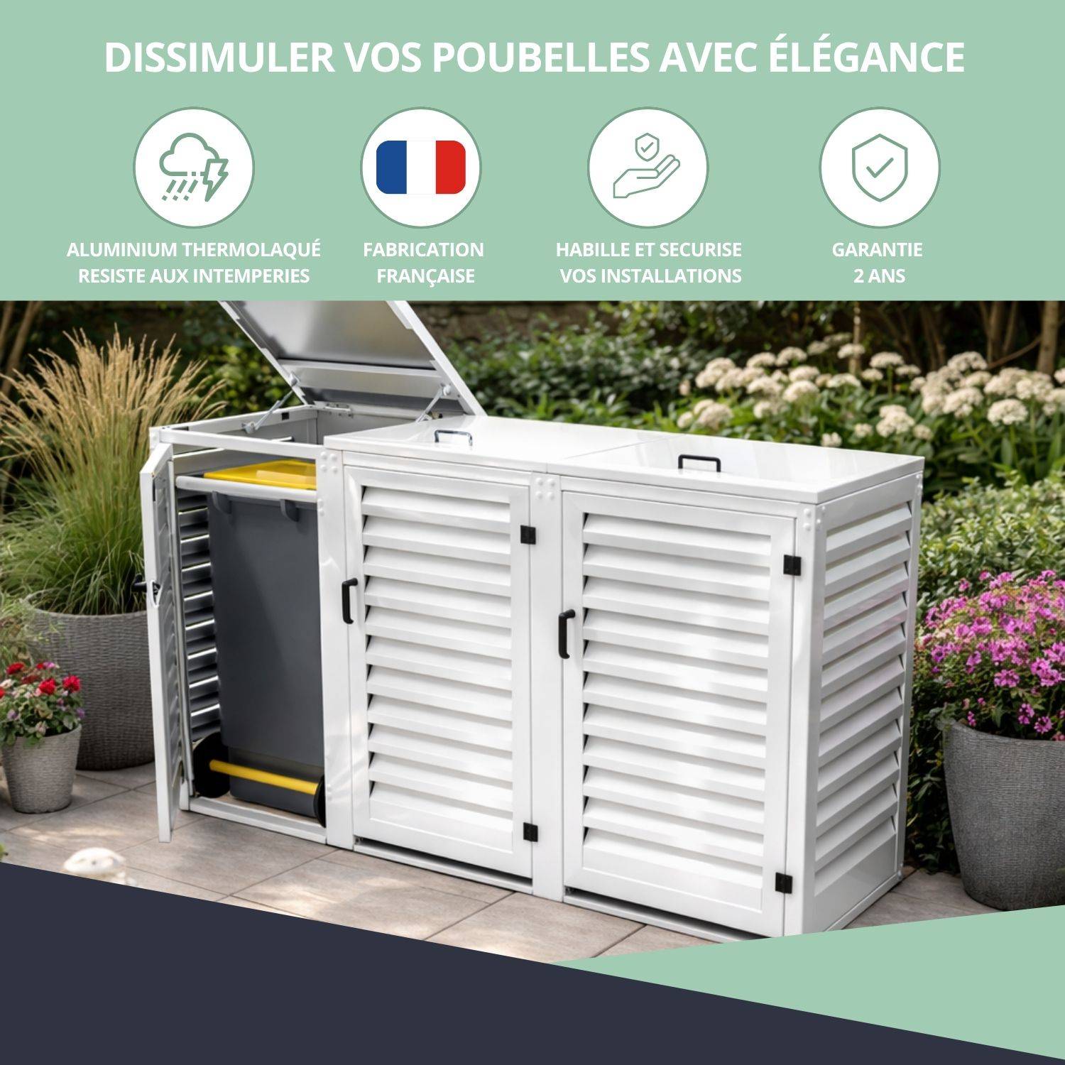 Cache Poubelle Extérieur Triple en Aluminium thermolaqué - Abri pour 3 conteneurs 240 Litres – Blanc RAL 9010 - Image 7