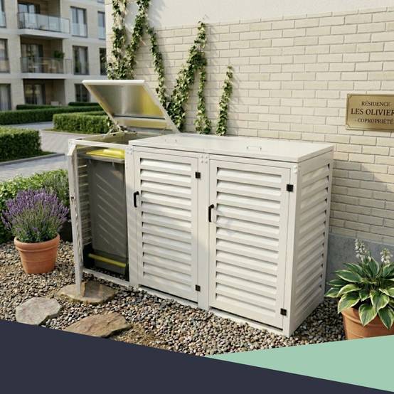 Cache Poubelle Extérieur Triple en Aluminium thermolaqué - Abri pour 3 conteneurs 240 Litres – Blanc RAL 9010 - Image 6