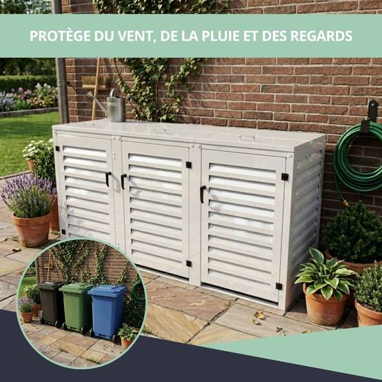 Cache Poubelle Extérieur Triple en Aluminium thermolaqué - Abri pour 3 conteneurs 240 Litres – Blanc RAL 9010 - Image 4