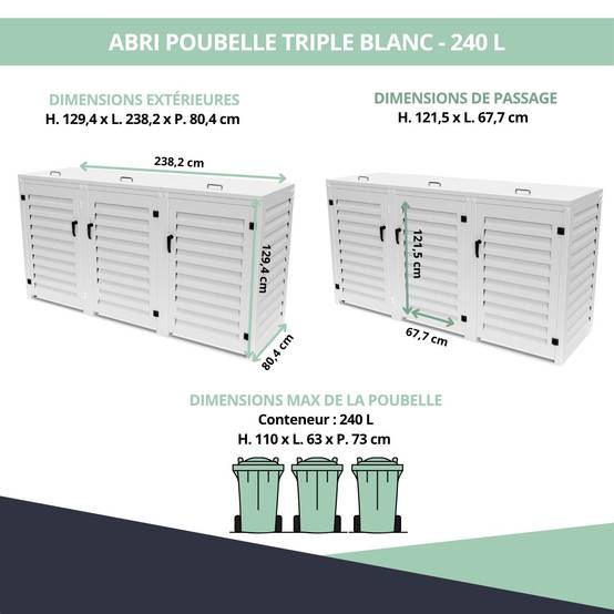 Cache Poubelle Extérieur Triple en Aluminium thermolaqué - Abri pour 3 conteneurs 240 Litres – Blanc RAL 9010 - Image 3