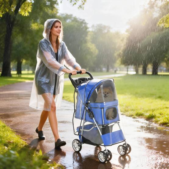 Poussette pliable pour chien/chat, adaptée aux enfants jusqu'à 10 kg, avec protection pluie, bandes réfléchissantes, 77 x 44 x 102 cm, bleue. - Image 4