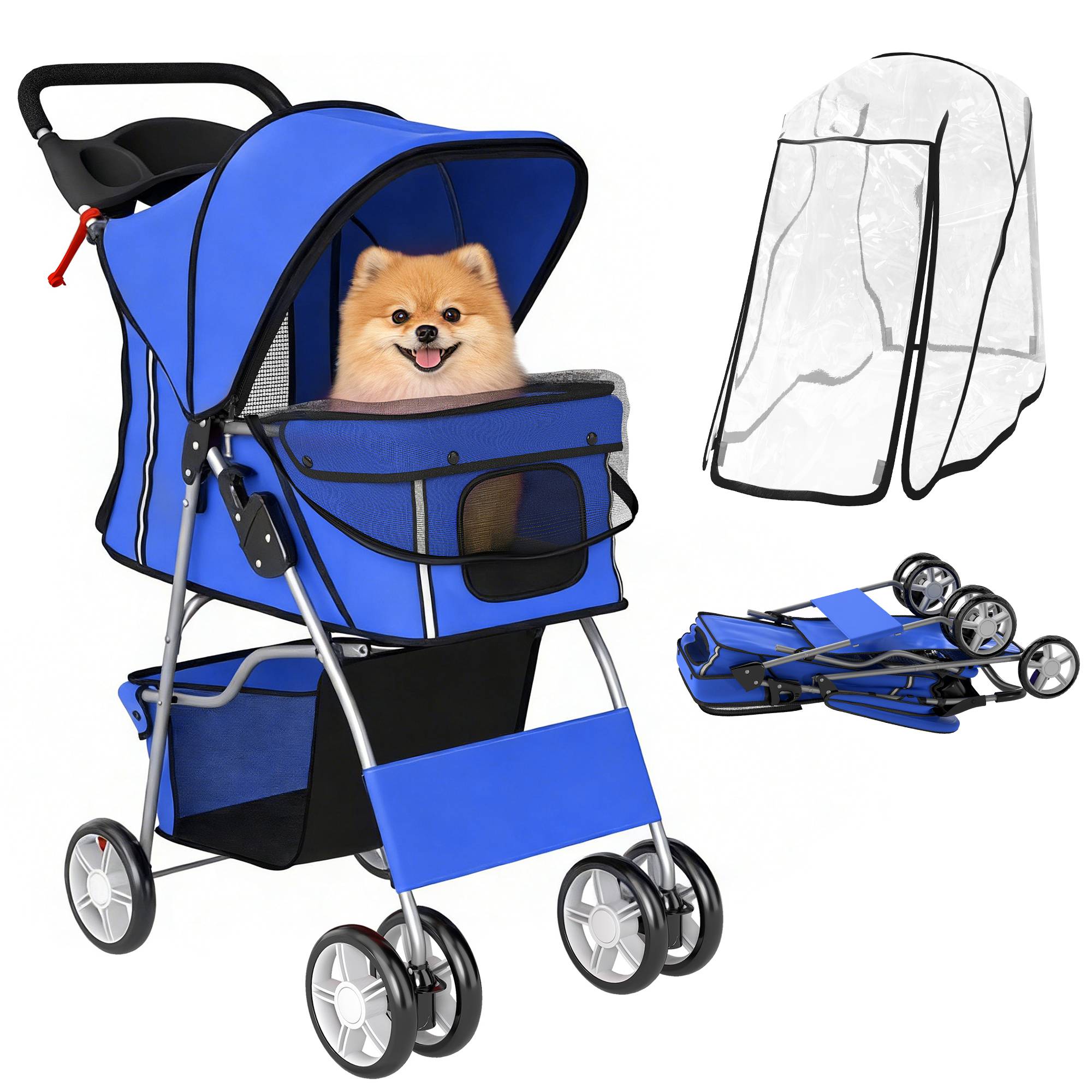 Poussette pliable pour chien/chat, adaptée aux enfants jusqu'à 10 kg, avec protection pluie, bandes réfléchissantes, 77 x 44 x 102 cm, bleue. - Image 1