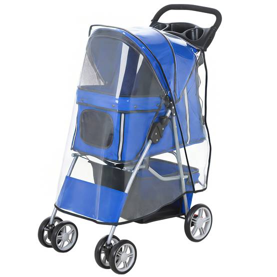Poussette pliable pour chien/chat, adaptée aux enfants jusqu'à 10 kg, avec protection pluie, bandes réfléchissantes, 77 x 44 x 102 cm, bleue. - Image 2