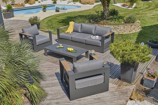Salon de jardin 5 places en aluminium et accoudoirs en HPL - Gris anthracite - MANDELIEU - Image 1
