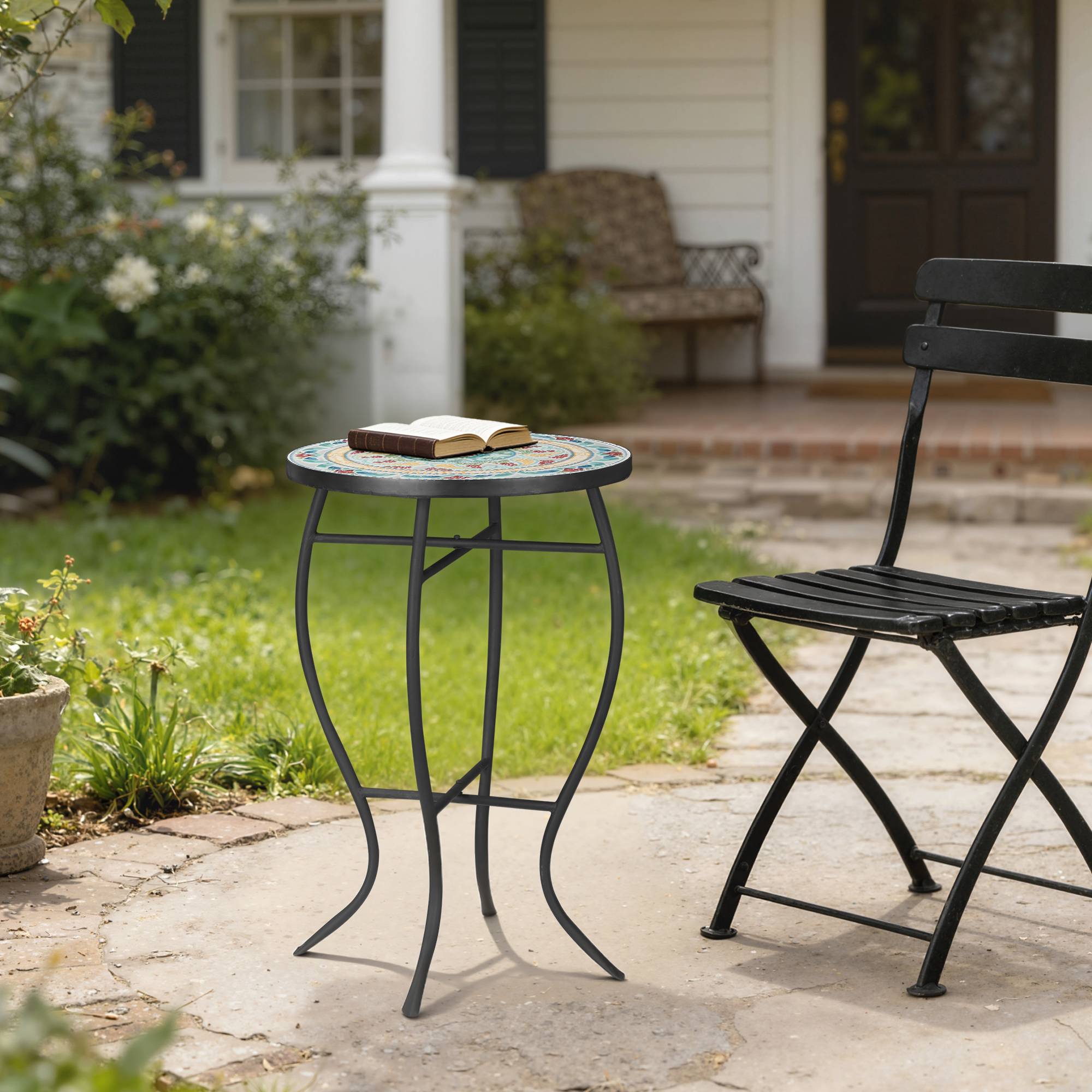 Table d'appoint jardin métal céramique extérieur motif mosaïque 35x53cm turquoise - ComfortXL Outdoor Living - Image 4