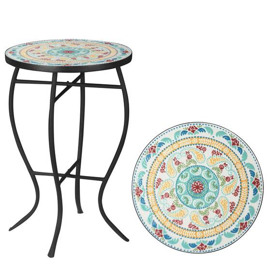 Table d'appoint jardin métal céramique extérieur motif mosaïque 35x53cm turquoise - ComfortXL Outdoor Living - Image 1