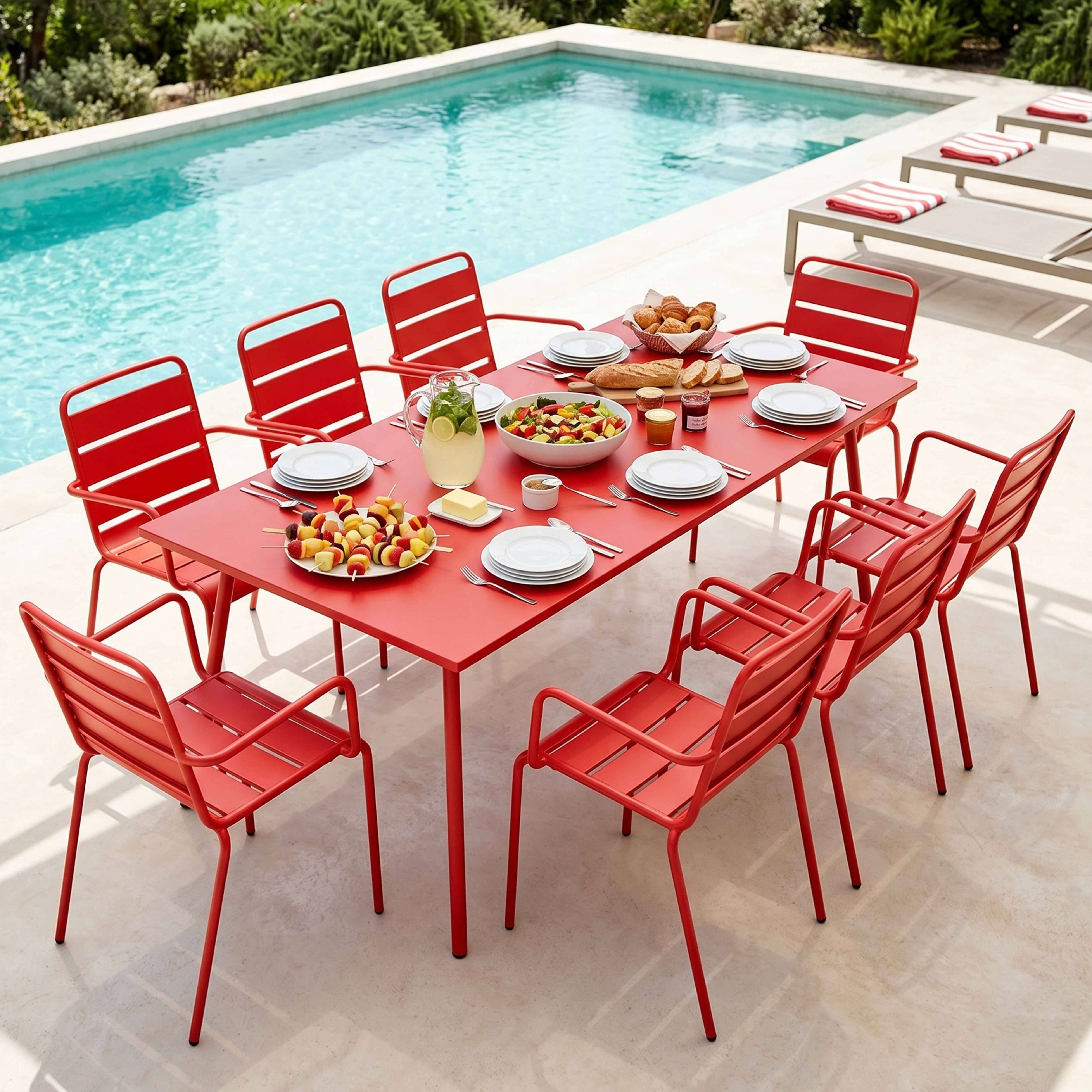 Oviala - Ensemble table de jardin et 8 fauteuils en métal rouge Palavas - Oviala - Imagen 2