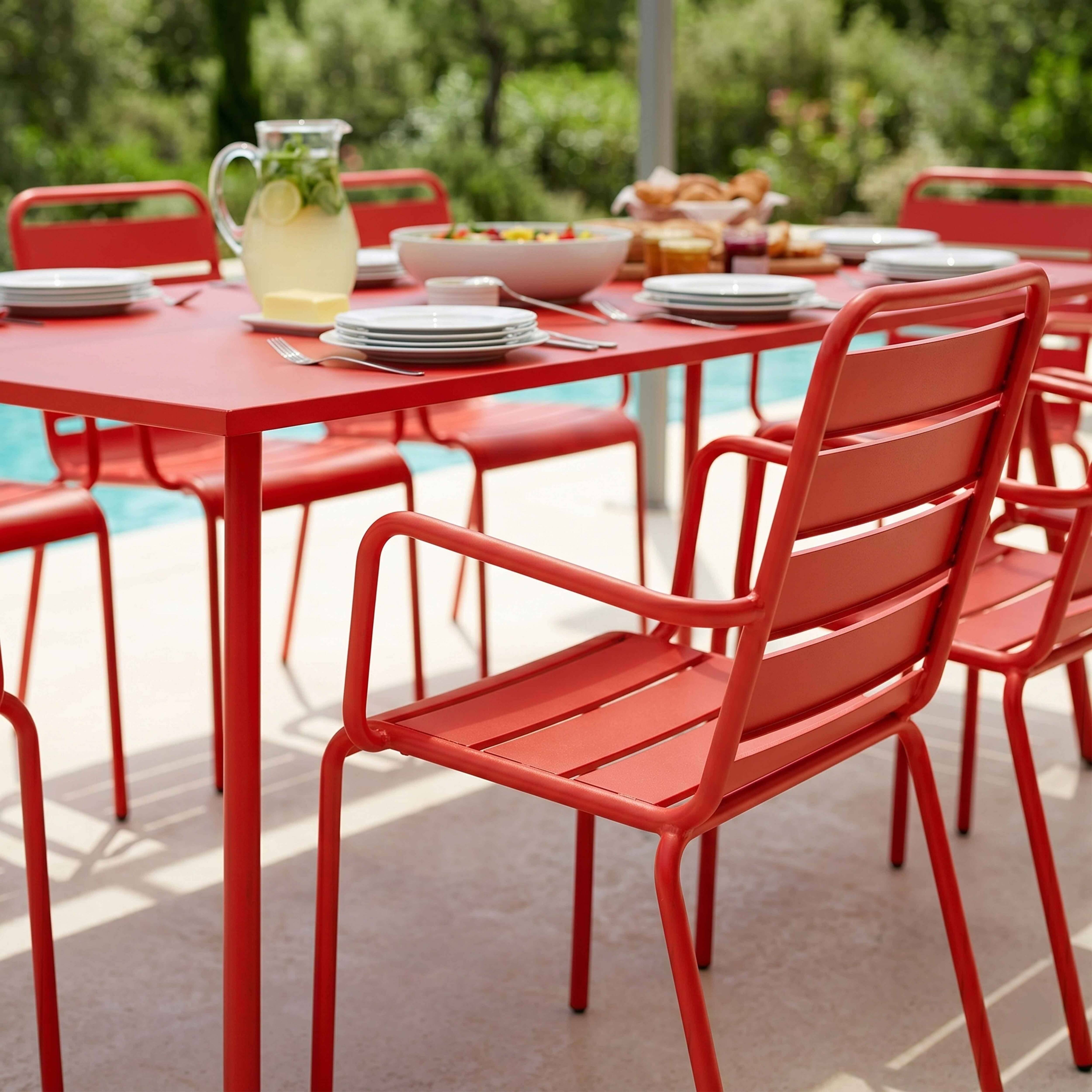 Oviala - Ensemble table de jardin et 8 fauteuils en métal rouge Palavas - Oviala - Imagen 3