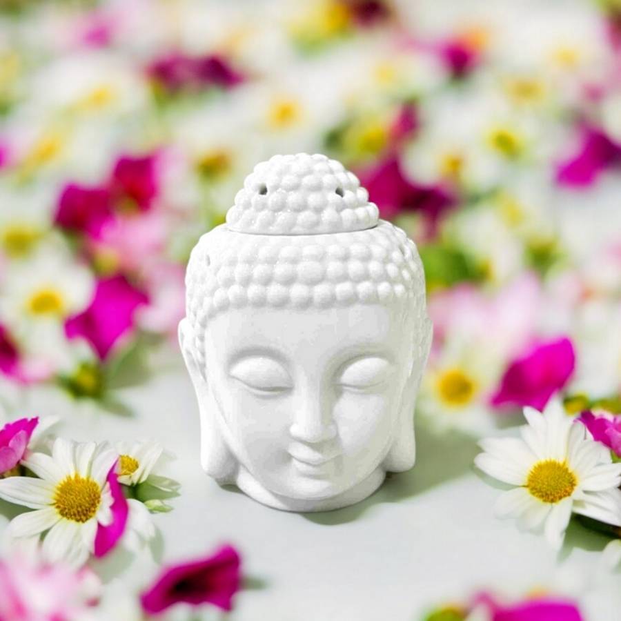 Brûle-Parfum Céramy Bouddha Dhyana Blanc - Objet artisanal Zen -Aromathérapie facile - Déco FengShui - Tête Bouddha - 40 ml - Image 1