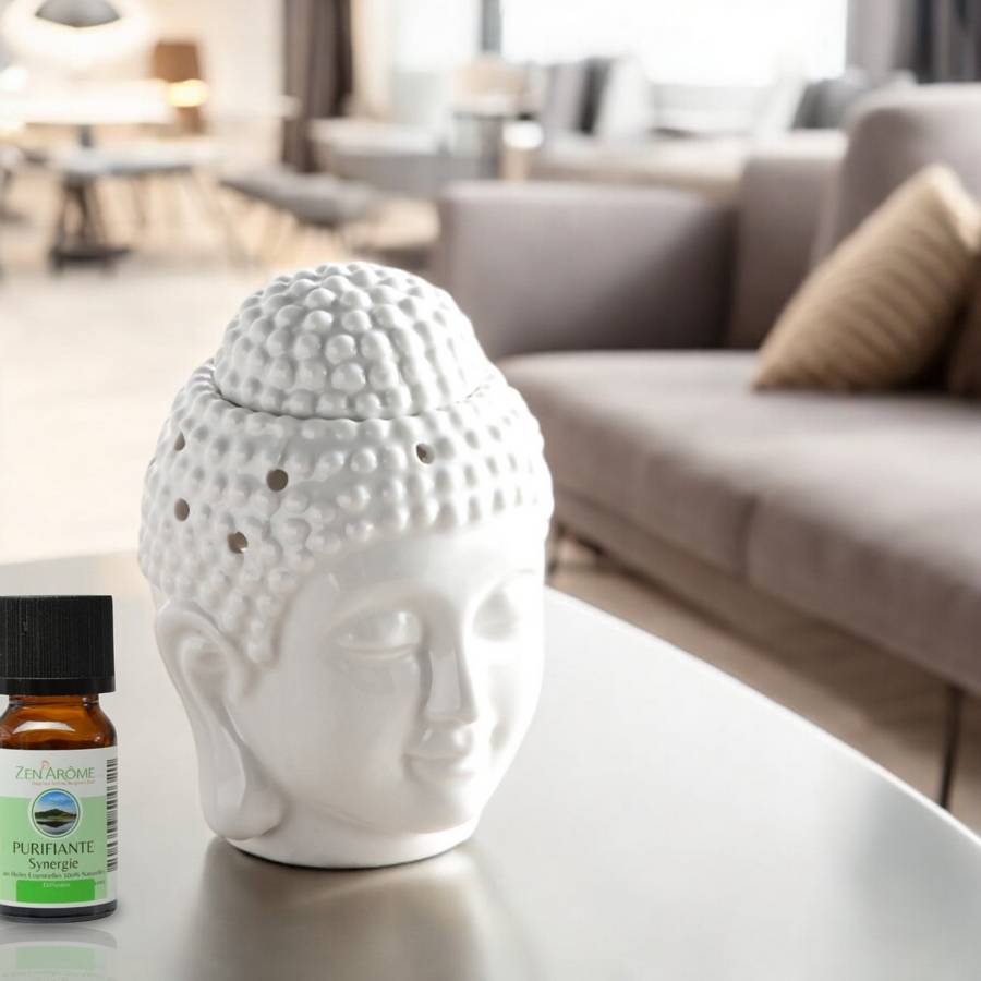 Brûle-Parfum Céramy Bouddha Dhyana Blanc - Objet artisanal Zen -Aromathérapie facile - Déco FengShui - Tête Bouddha - 40 ml - Image 3
