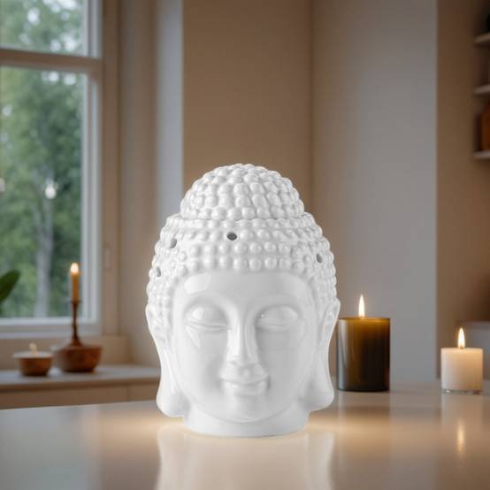 Brûle-Parfum Céramy Bouddha Dhyana Blanc - Objet artisanal Zen -Aromathérapie facile - Déco FengShui - Tête Bouddha - 40 ml - Image 4