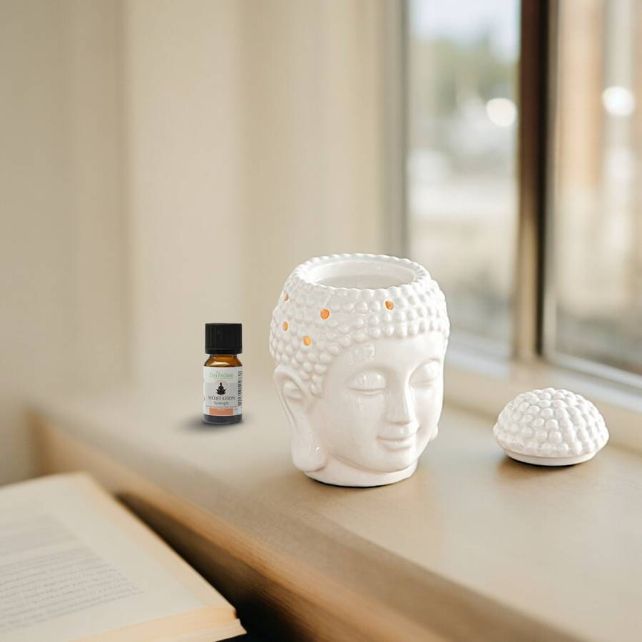 Brûle-Parfum Céramy Bouddha Dhyana Blanc - Objet artisanal Zen -Aromathérapie facile - Déco FengShui - Tête Bouddha - 40 ml - Image 2