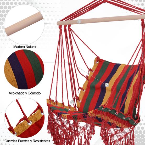Fauteuil suspendu hamac, tissu coton-polyester, capacité de charge 100 kg, utilisation intérieure/extérieure, terrasse, 100 x 60 x 100 cm, multicolore - Image 8
