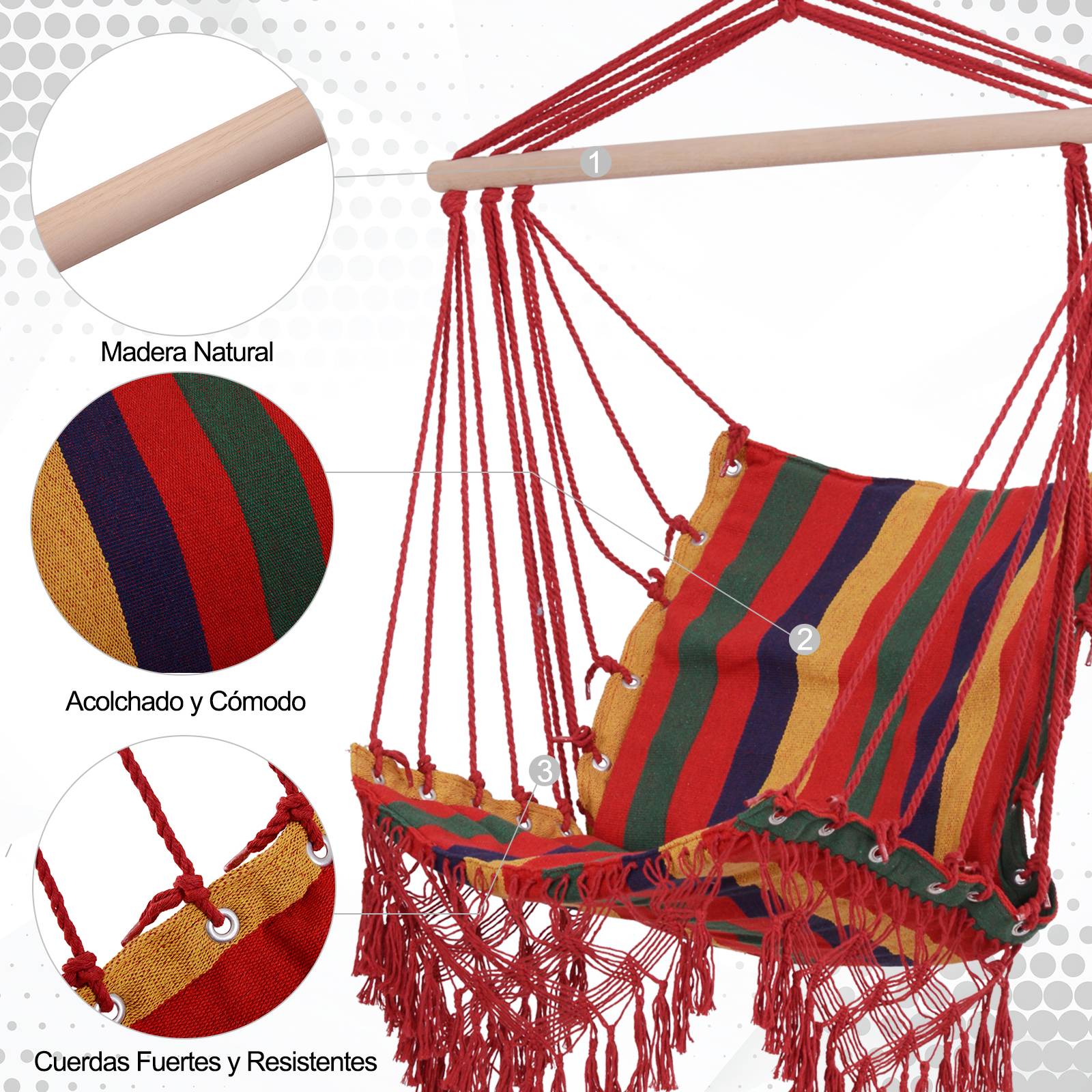 Fauteuil suspendu hamac, tissu coton-polyester, capacité de charge 100 kg, utilisation intérieure/extérieure, terrasse, 100 x 60 x 100 cm, multicolore - Image 8