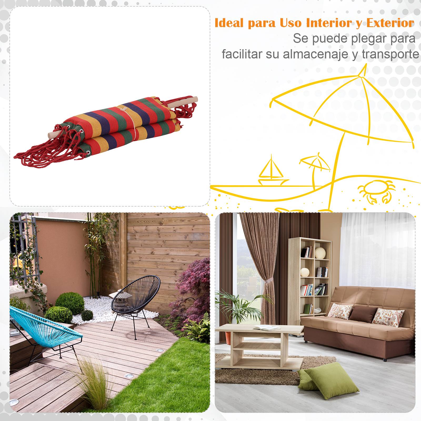 Fauteuil suspendu hamac, tissu coton-polyester, capacité de charge 100 kg, utilisation intérieure/extérieure, terrasse, 100 x 60 x 100 cm, multicolore - Image 7