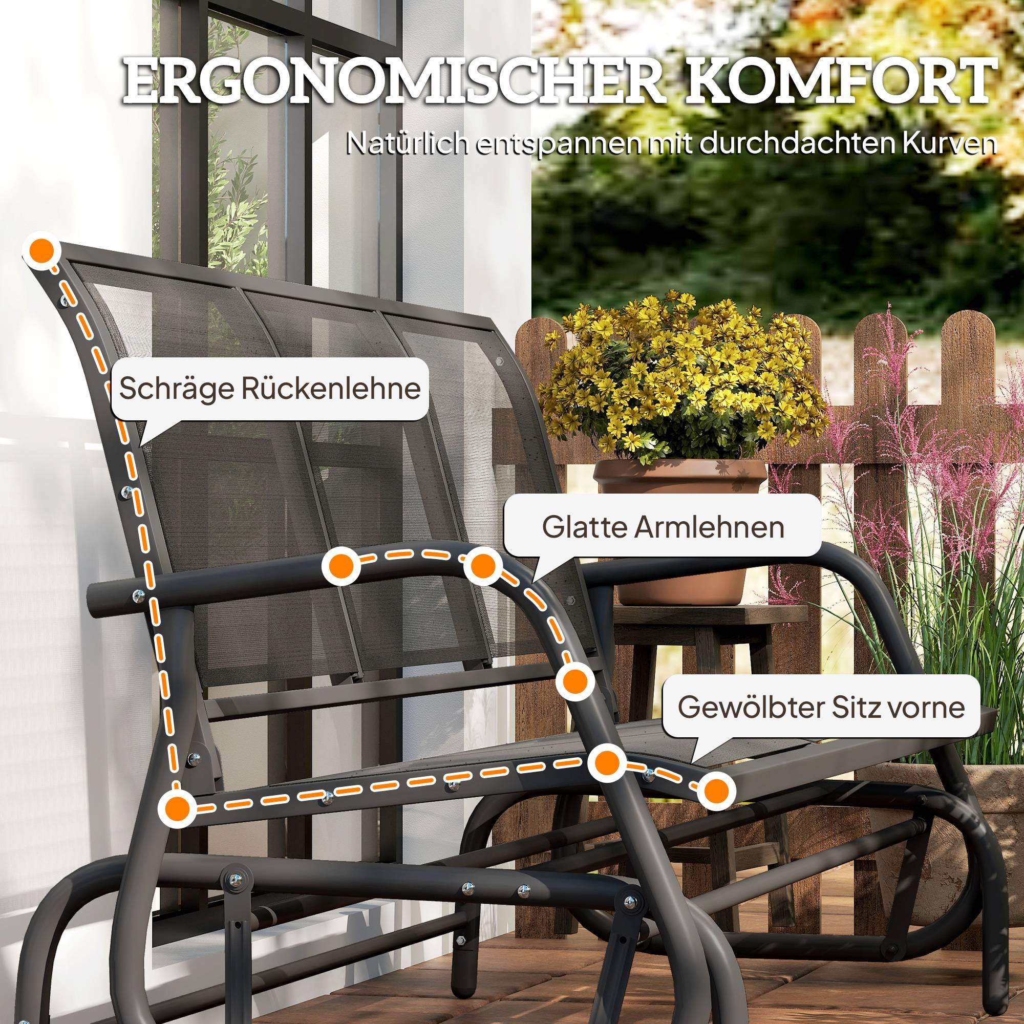 Banc à bascule 3 places métal jardin tissu respirant 147x70x85cm noir - ComfortXL Outdoor Living - Image 10