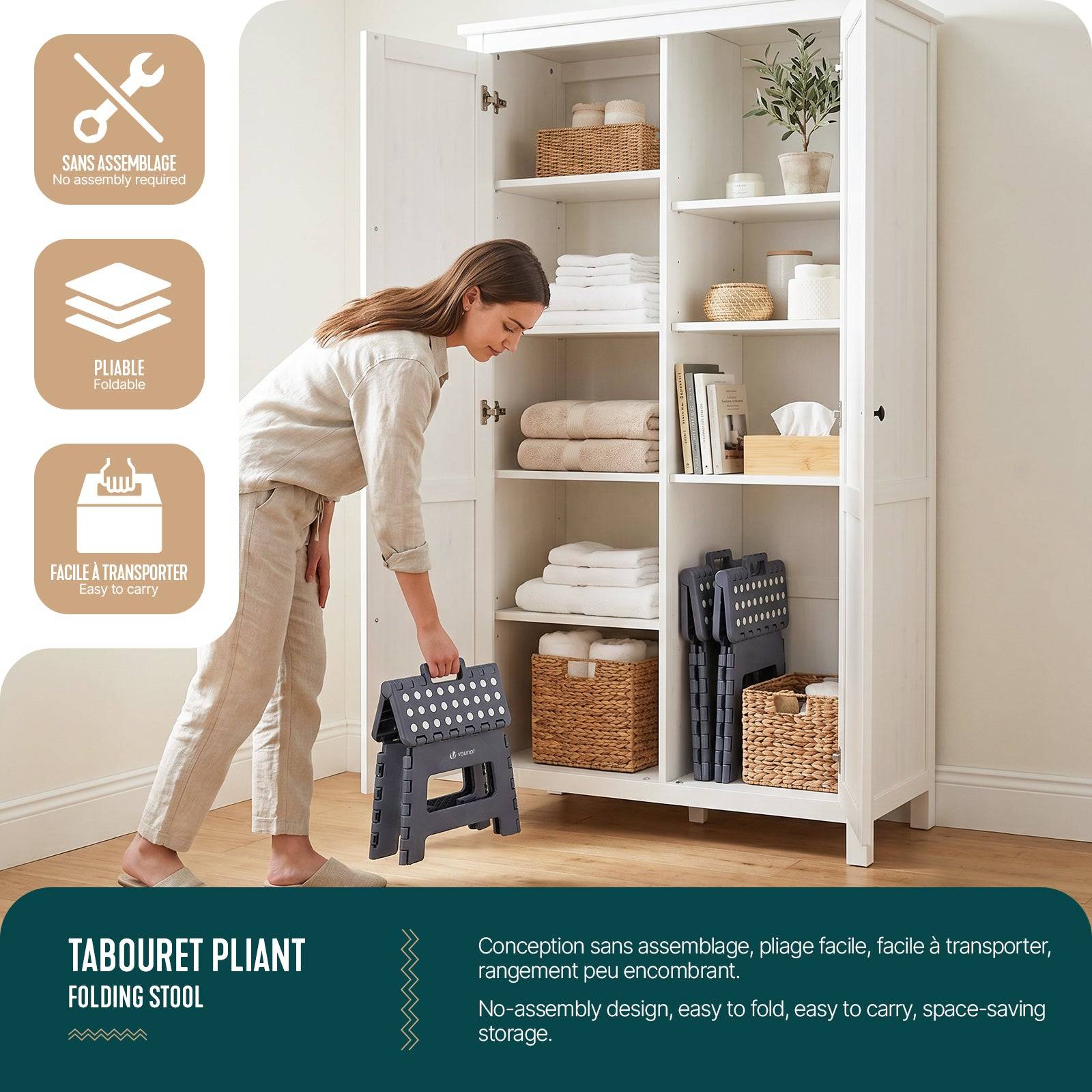 Tabouret pliant portable 32x25x22cm - Marchepied pliable antidérapant avec poignée - Plastique - Gris - VOUNOT® - Image 5