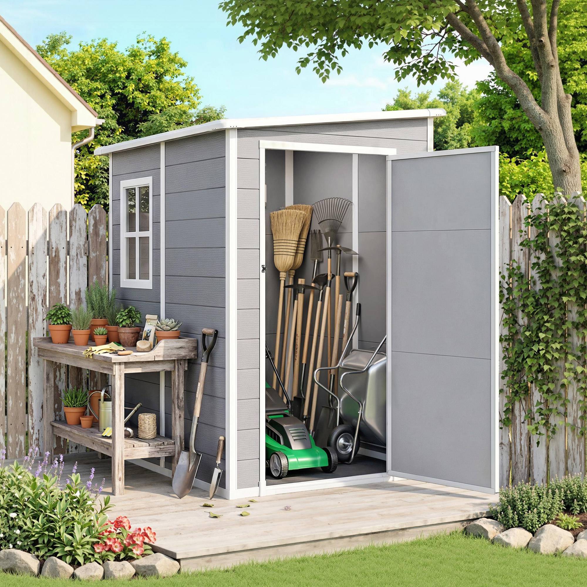 Abri de jardin 1,54 m² pour outils porte verrouillable, aération et fenêtre dim. 122L x 149l x 192/177H cm, gris - Image 4