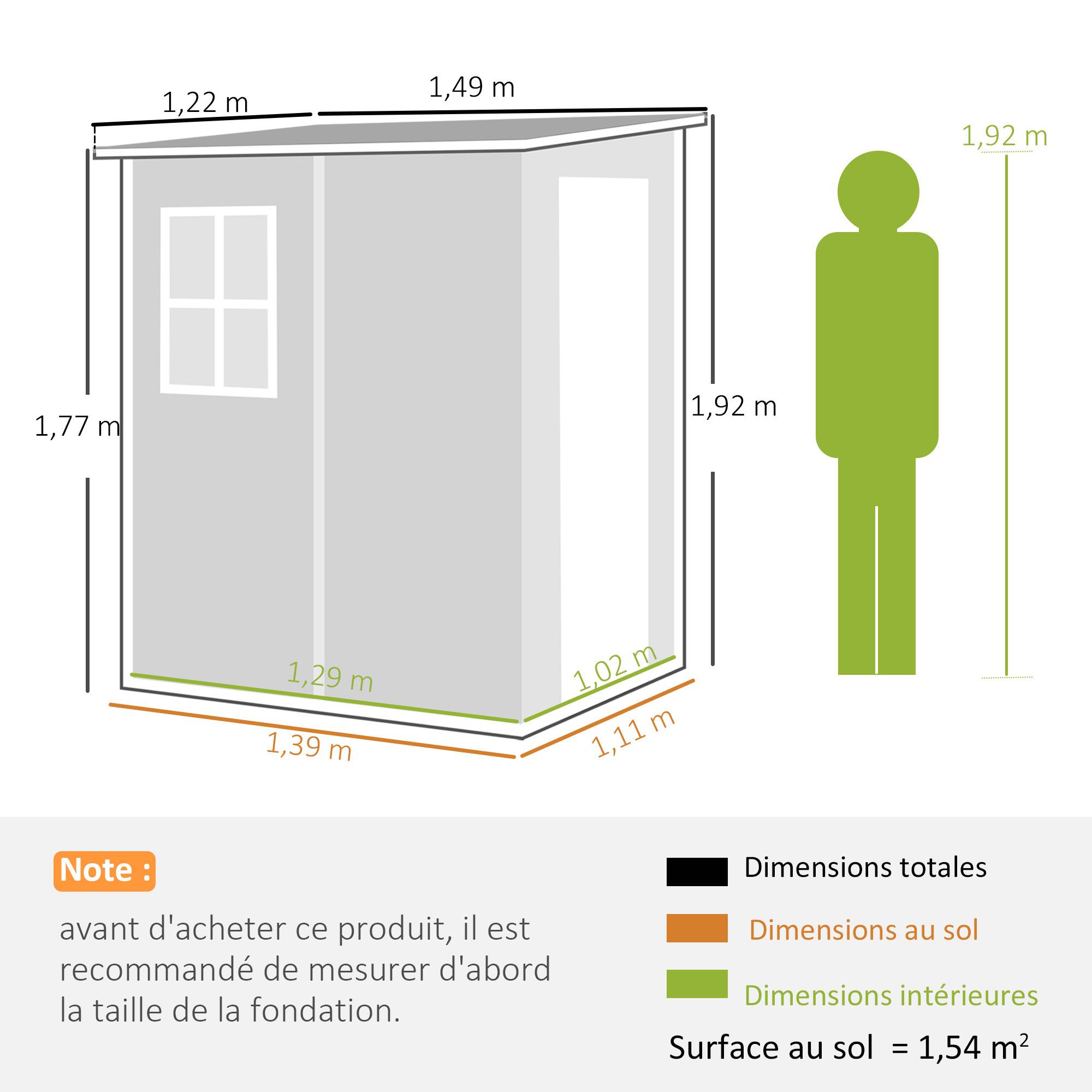 Abri de jardin 1,54 m² pour outils porte verrouillable, aération et fenêtre dim. 122L x 149l x 192/177H cm, gris - Image 5