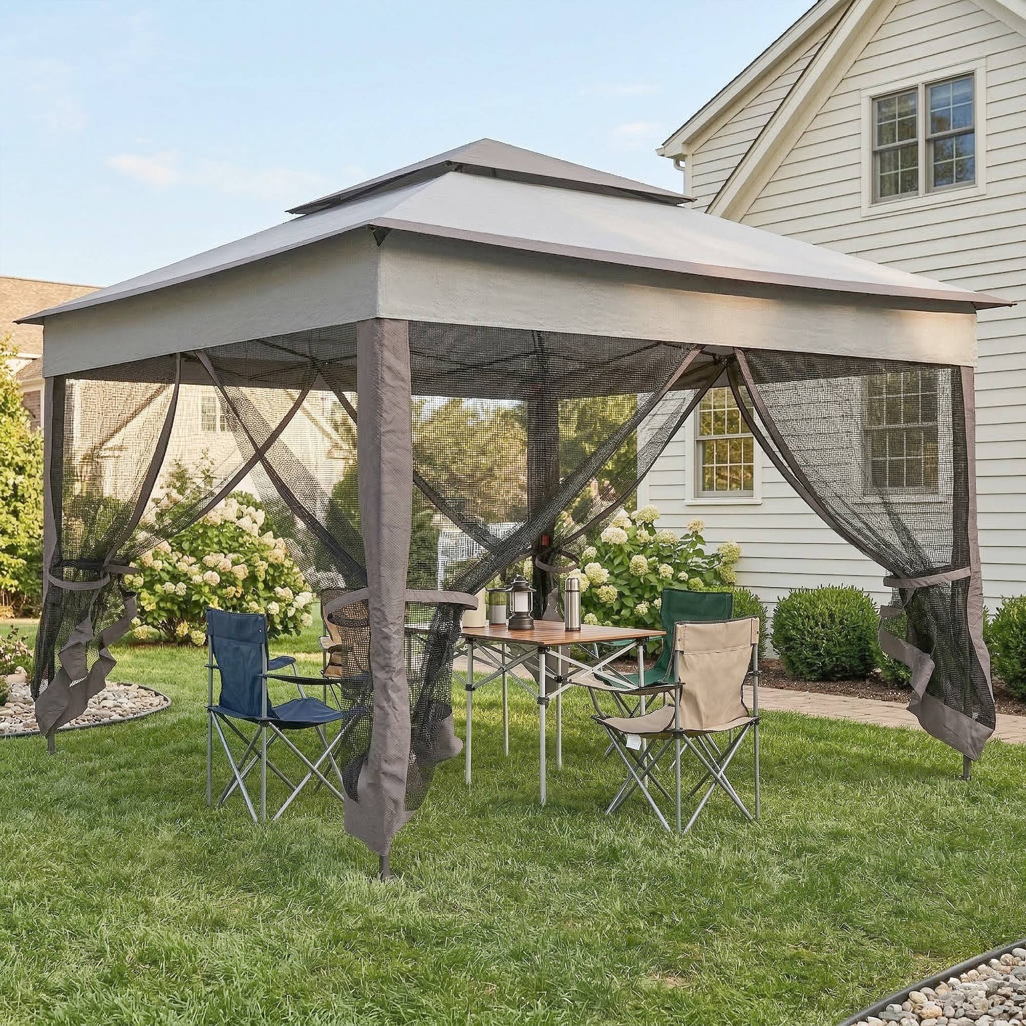 Tonnelle pliante en métal pour jardin abri anti-moustiques 3,25x3,25m Gris clair - ComfortXL Outdoor Living - Image 3