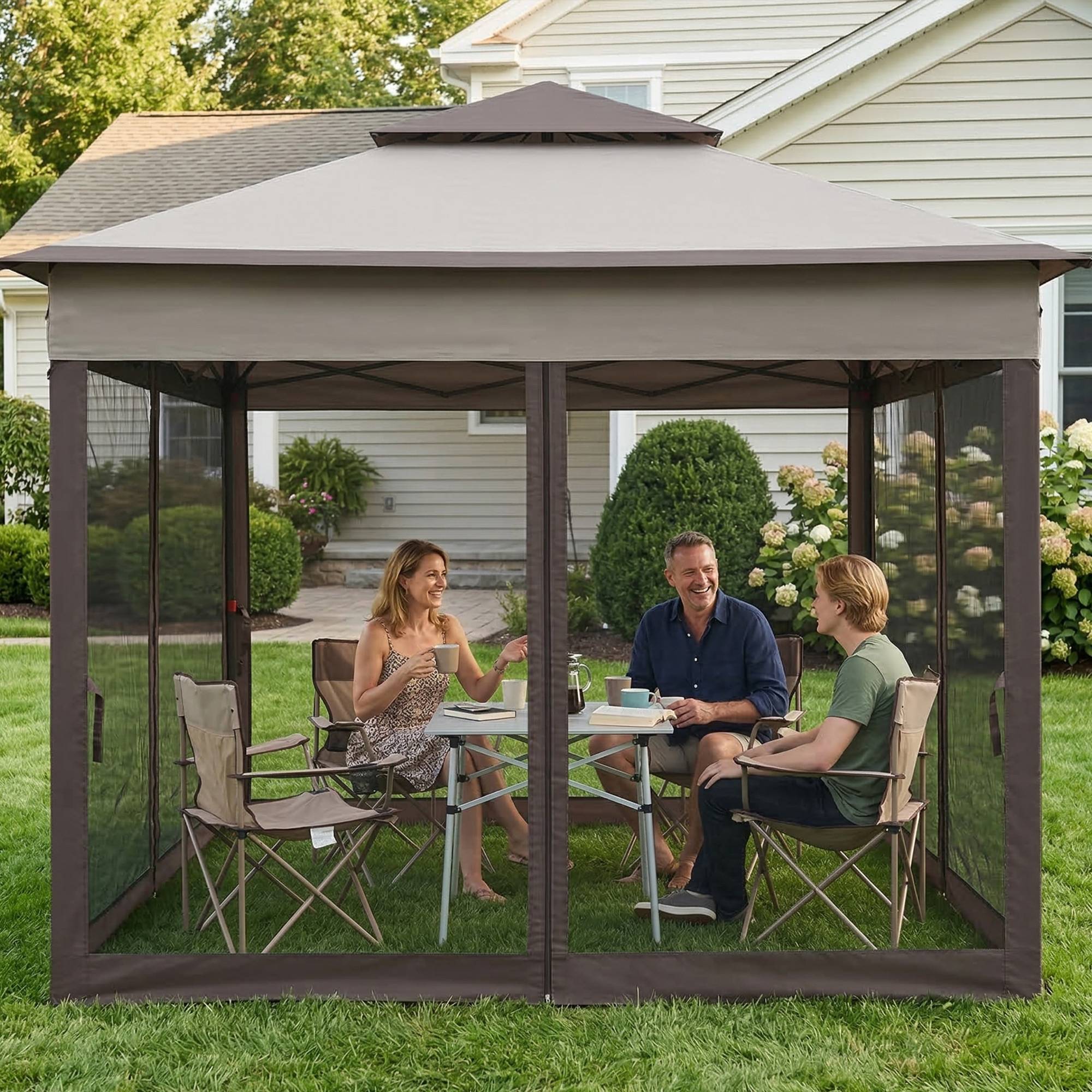 Tonnelle pliante en métal pour jardin abri anti-moustiques 3,25x3,25m Gris clair - ComfortXL Outdoor Living - Image 10