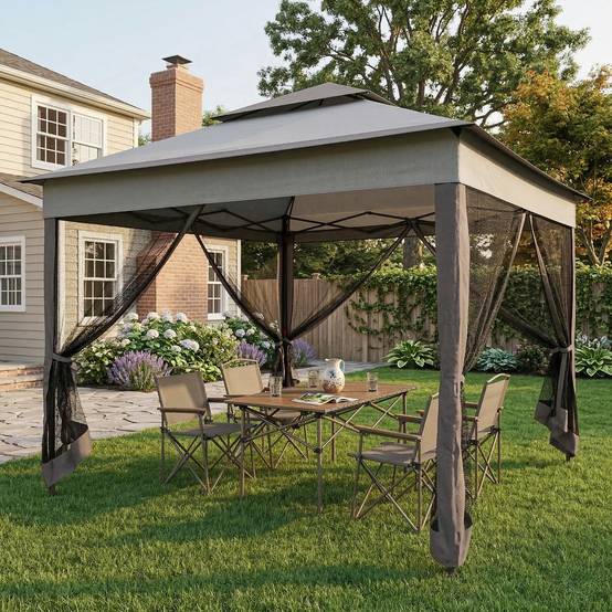 Tonnelle pliante en métal pour jardin abri anti-moustiques 3,25x3,25m Gris clair - ComfortXL Outdoor Living - Image 4
