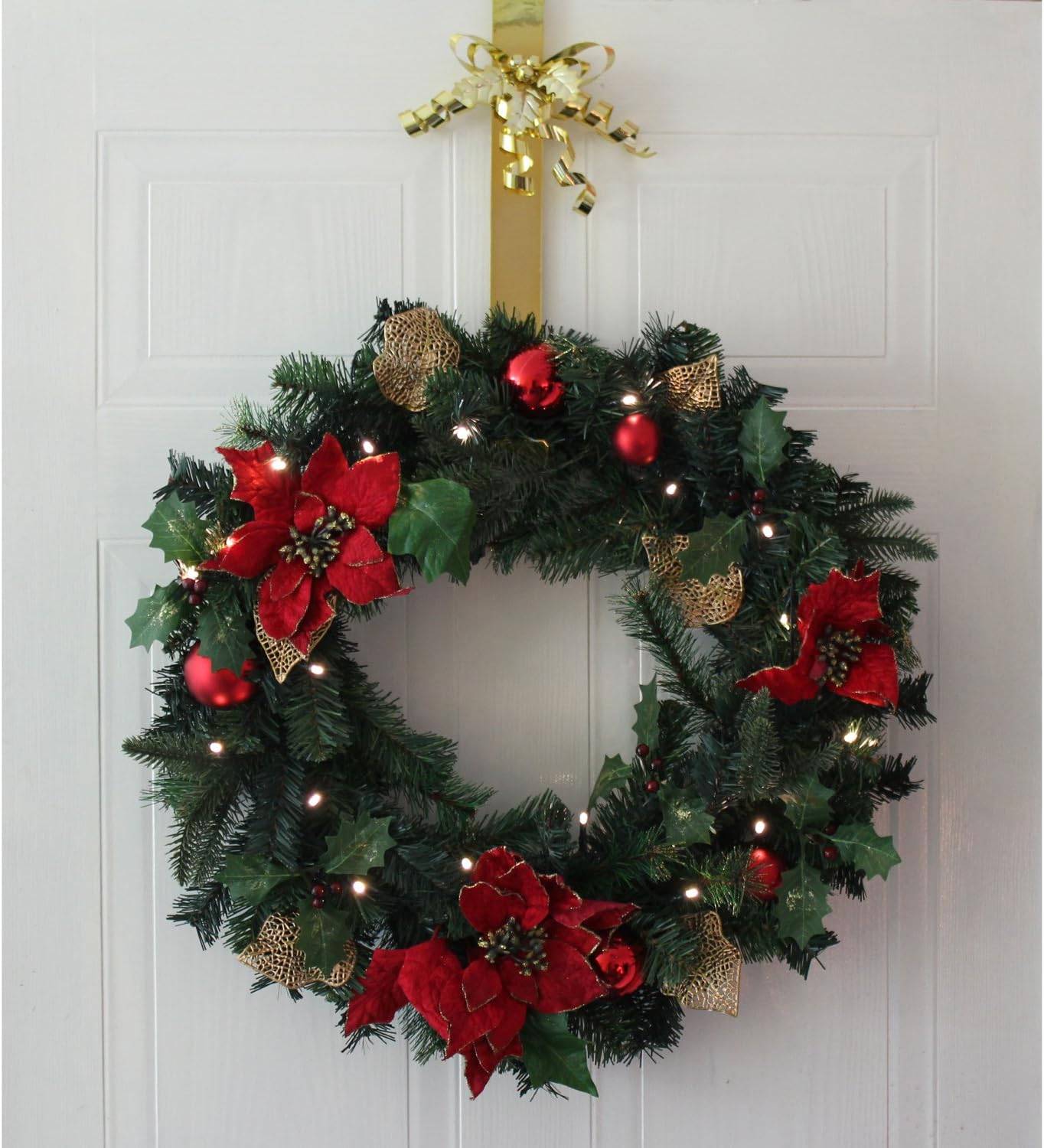 Couronne de 40 cm avec décoration de Noël illuminée en blanc chaud, rouge/or - Image 2