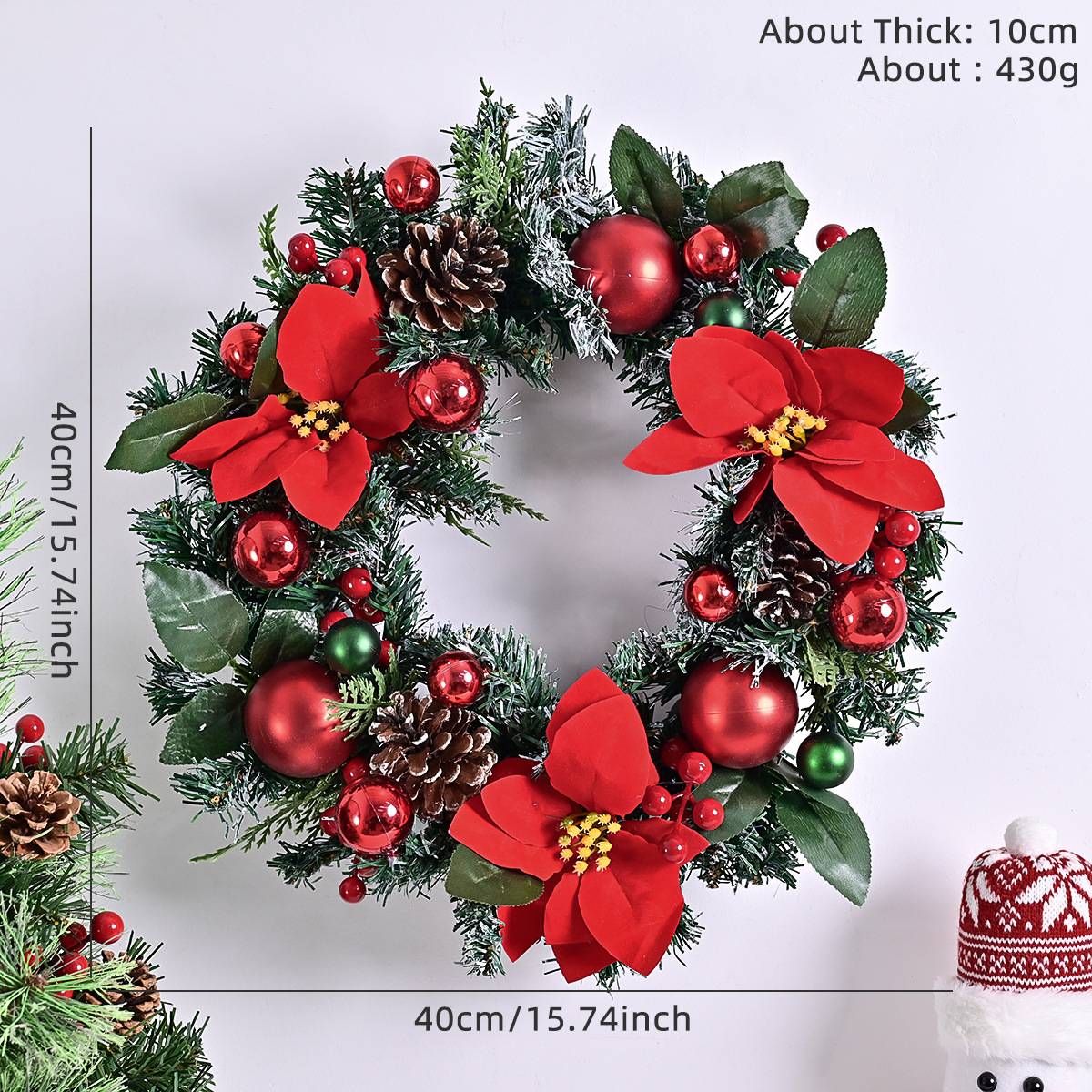 Couronne de 40 cm avec décoration de Noël illuminée en blanc chaud, rouge/or - Image 4