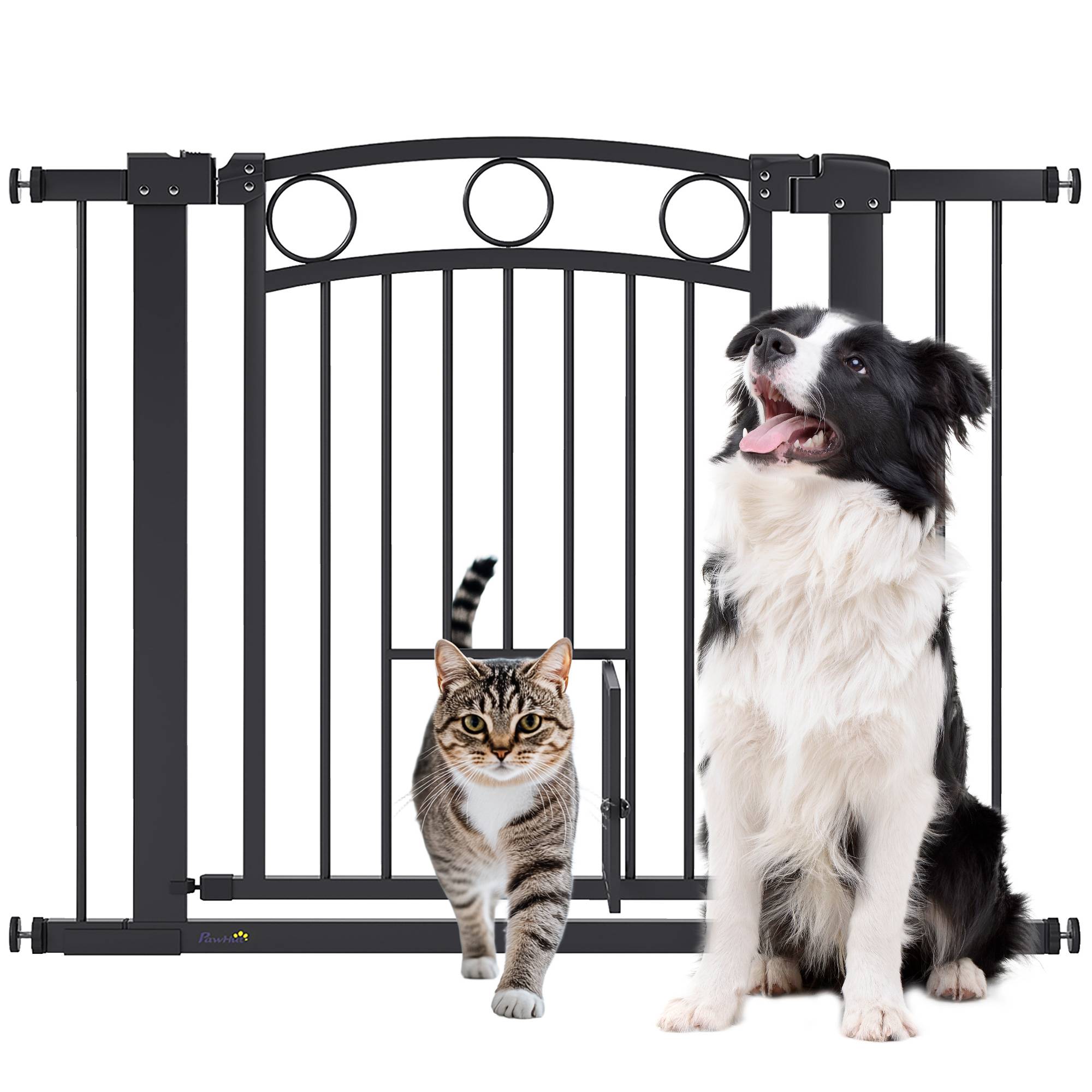 Porte pour animal, barrière escalier 77 cm, largeur réglable 76-104 cm, avec chatière, noir - Image 1