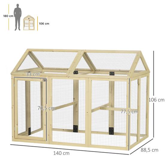 Enclos poulailler en bois cage à poules parc grillagé 140 x 88,5 x 106 cm naturel - Image 5