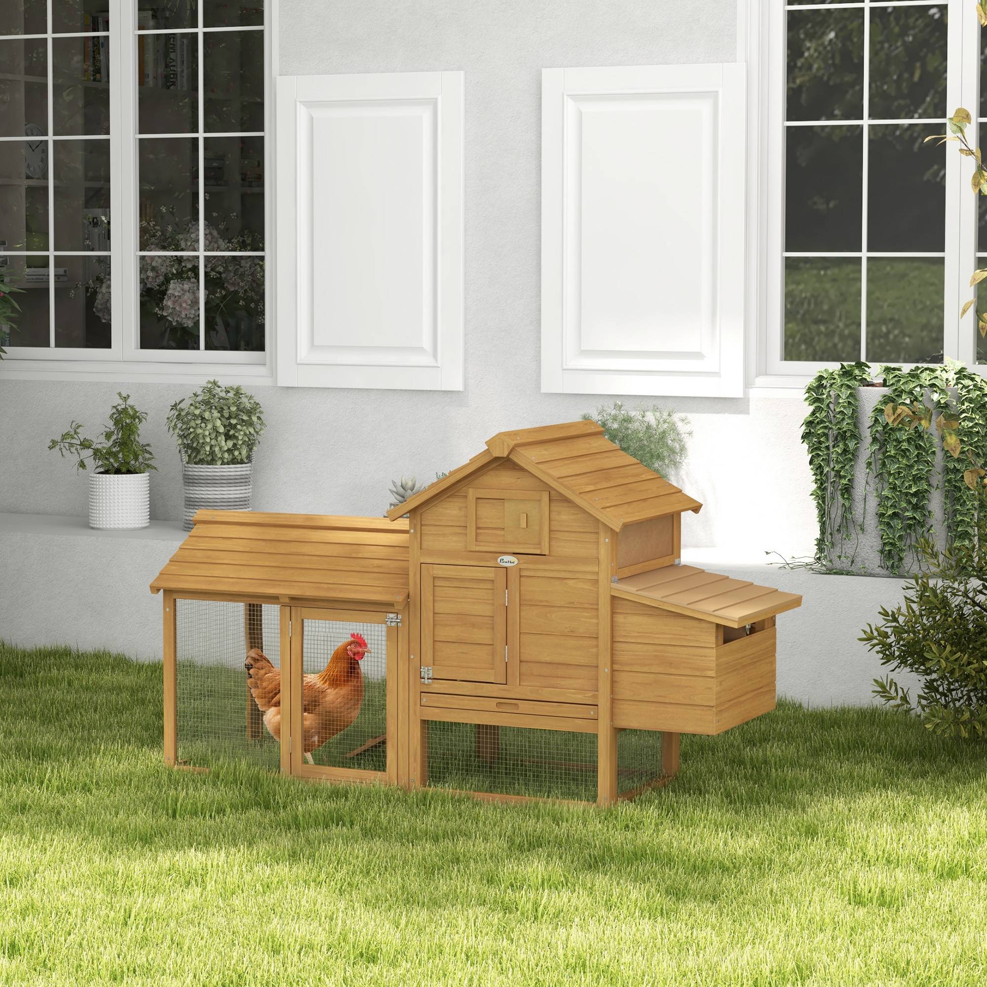 Poulailler préfabriqué en bois pour 2 poules avec enclos et nichoir, 151.5x54x87cm - Image 4