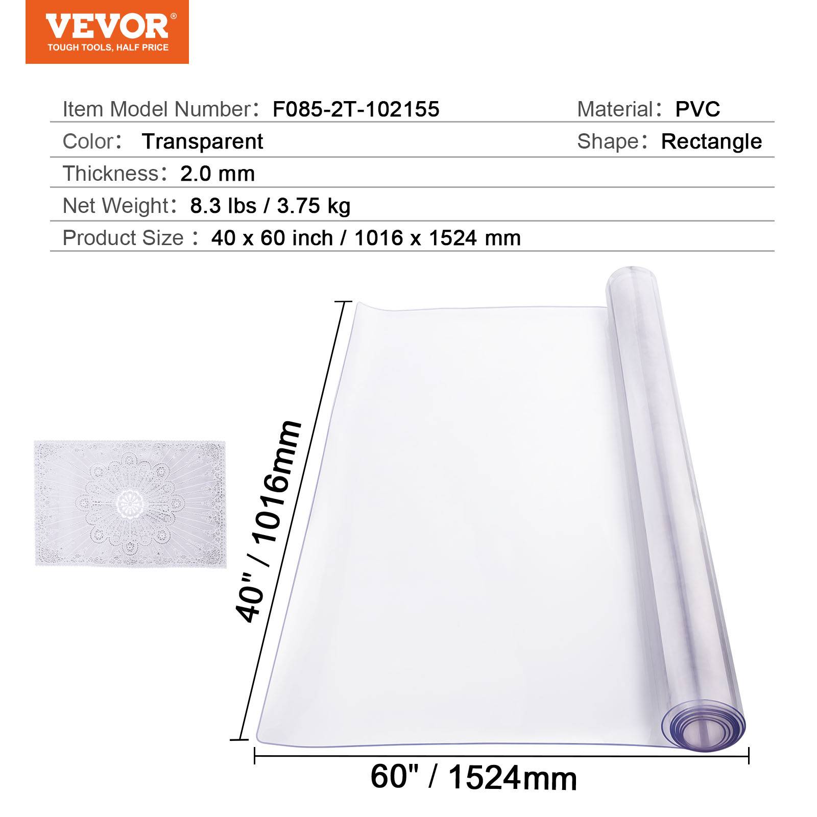 VEVOR Protection bureau PVC transparent, 40x60", 2.0mm, rectangulaire, résistant eau, nettoyage. - Image 7