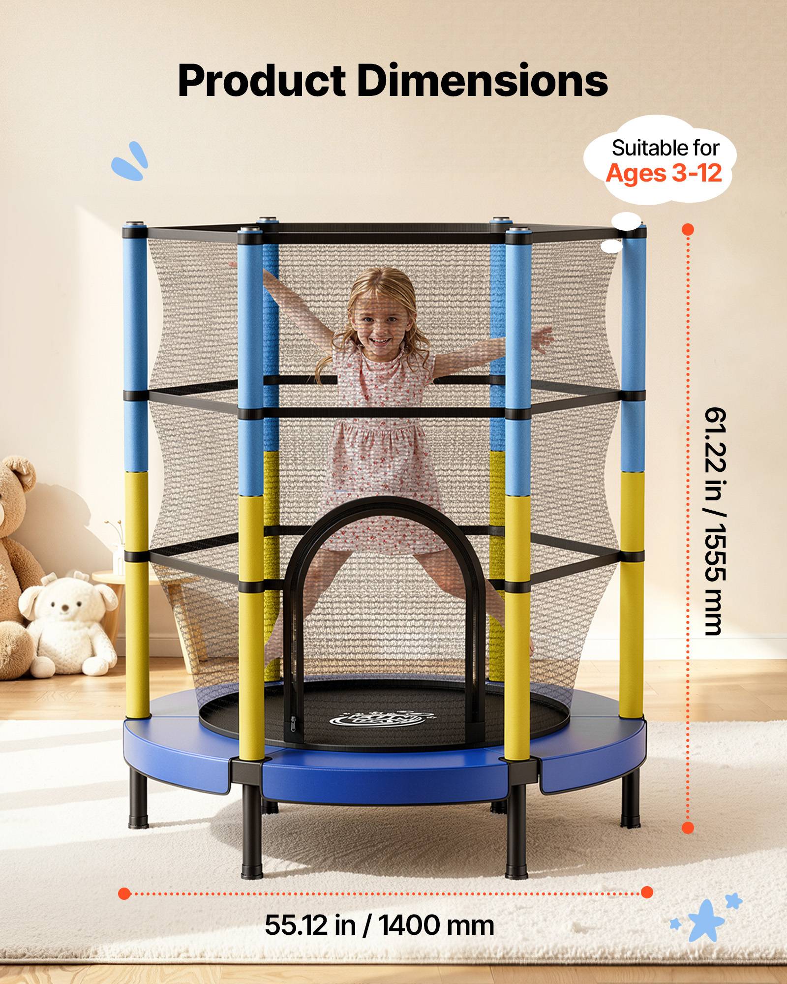 Vevor - VEVOR Trampoline enfants Ø140 cm avec filet de sécurité, cadre galvanisé, montage facile, intérieur et extérieur, capacité 60 kg. - Image 7