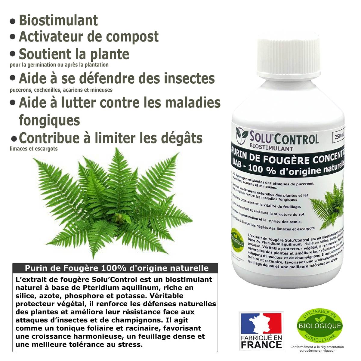 SOLU'CONTROL - Purin de Fougère  – 250 ml Concentré – Biostimulant Naturel – Aide à Se Défendre des Insectes & Maladies Fongiques - Imagen 2